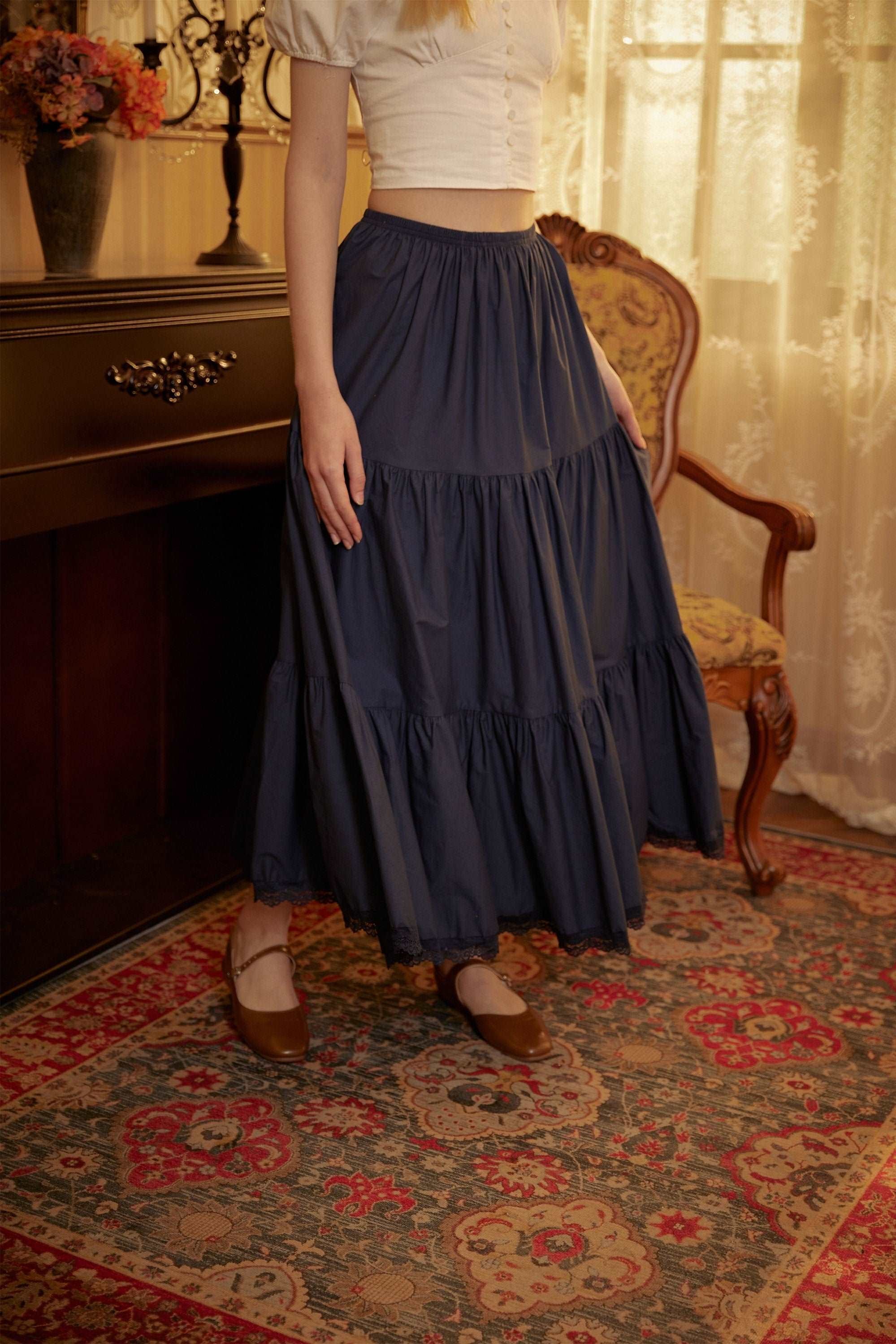 Petticoat Half Slip Cotton Woman Skirt Extender Crinoline Edged Lace A-line underskirt with Elastic waistband in three lengths Navy Blue