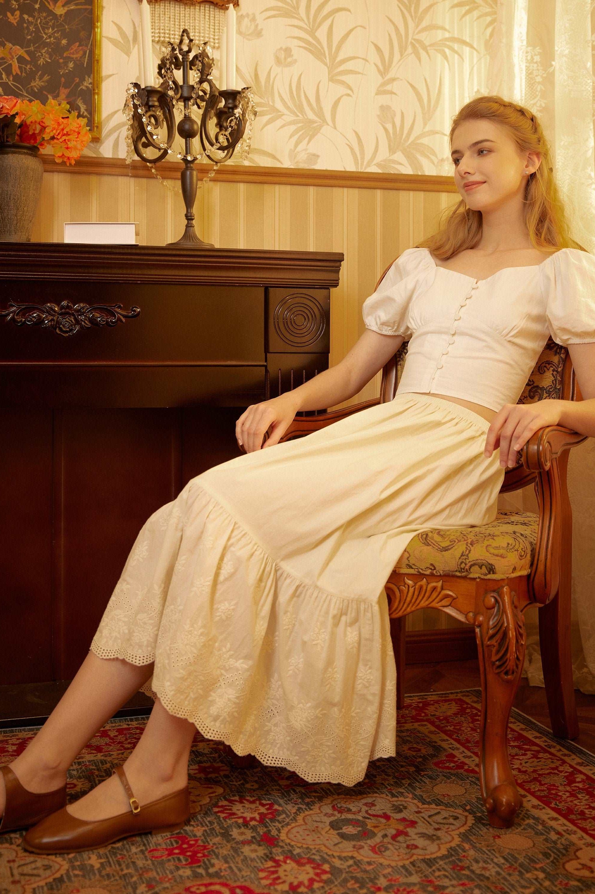 Petticoat Half Slip Cotton Women's Skirt Extender Dress Extender Vintage Style Underskirt with Flower Vine Lace Embroidery