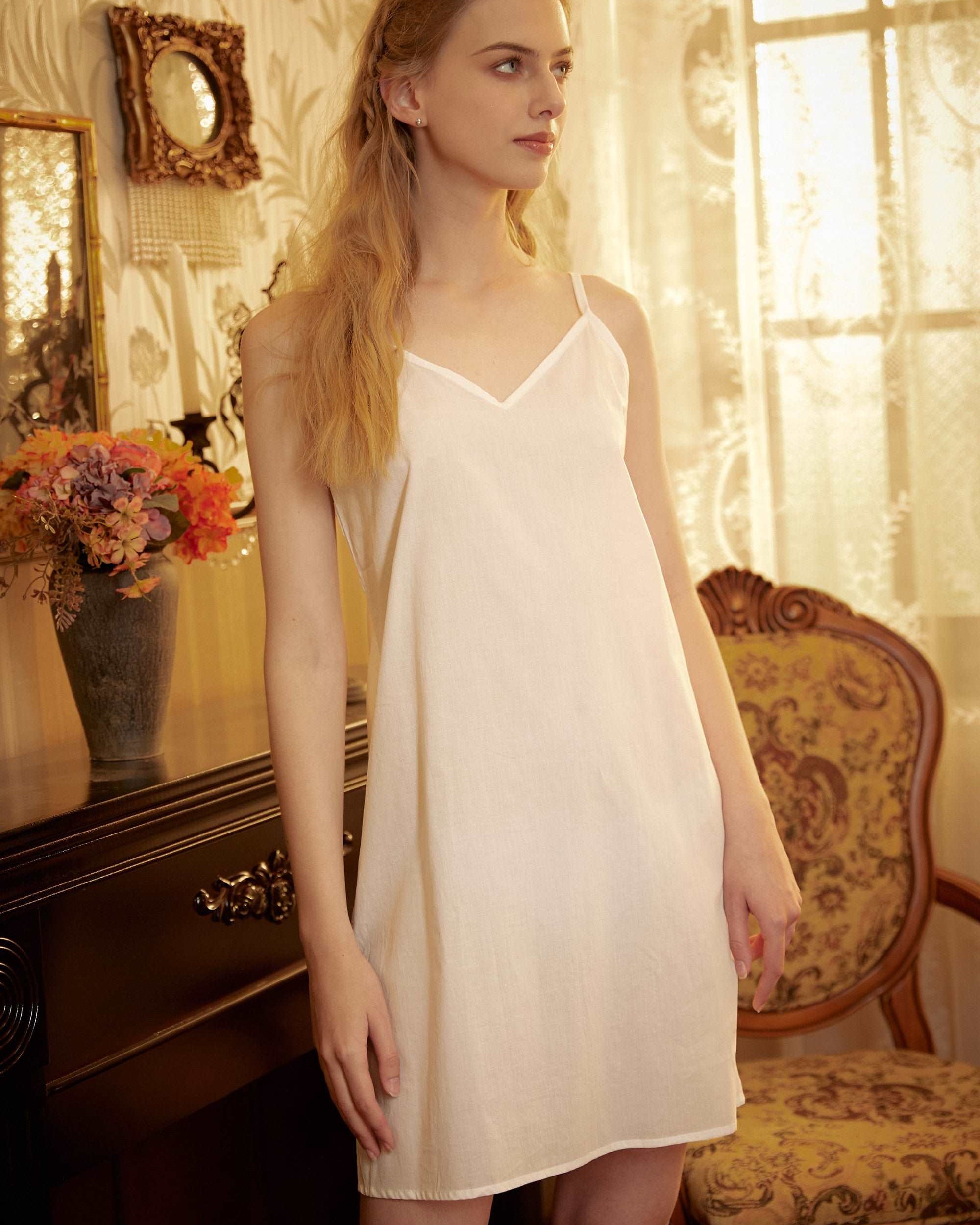 Cotton Slip Dress Sleepwear Full Slip Under Dress Skirt Extender Camisole Slips Petticoat Night Dress V Neck Above Knee