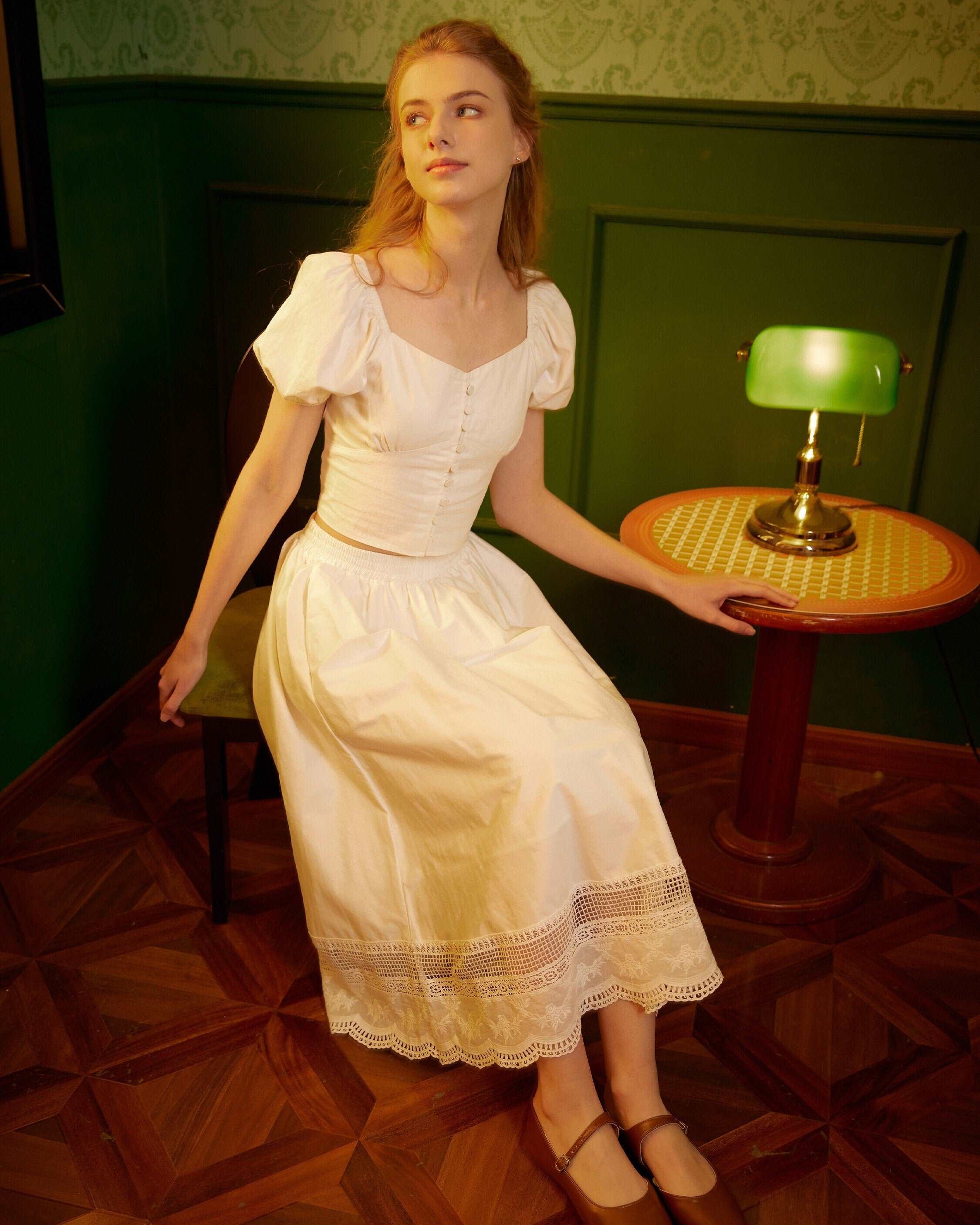 Renaissance Lace skirt Victorian skirt Pocket Skirt with Embroidery Cotton Skirt With Lace Hem Elastic Waist Ren Faire dress with a lining