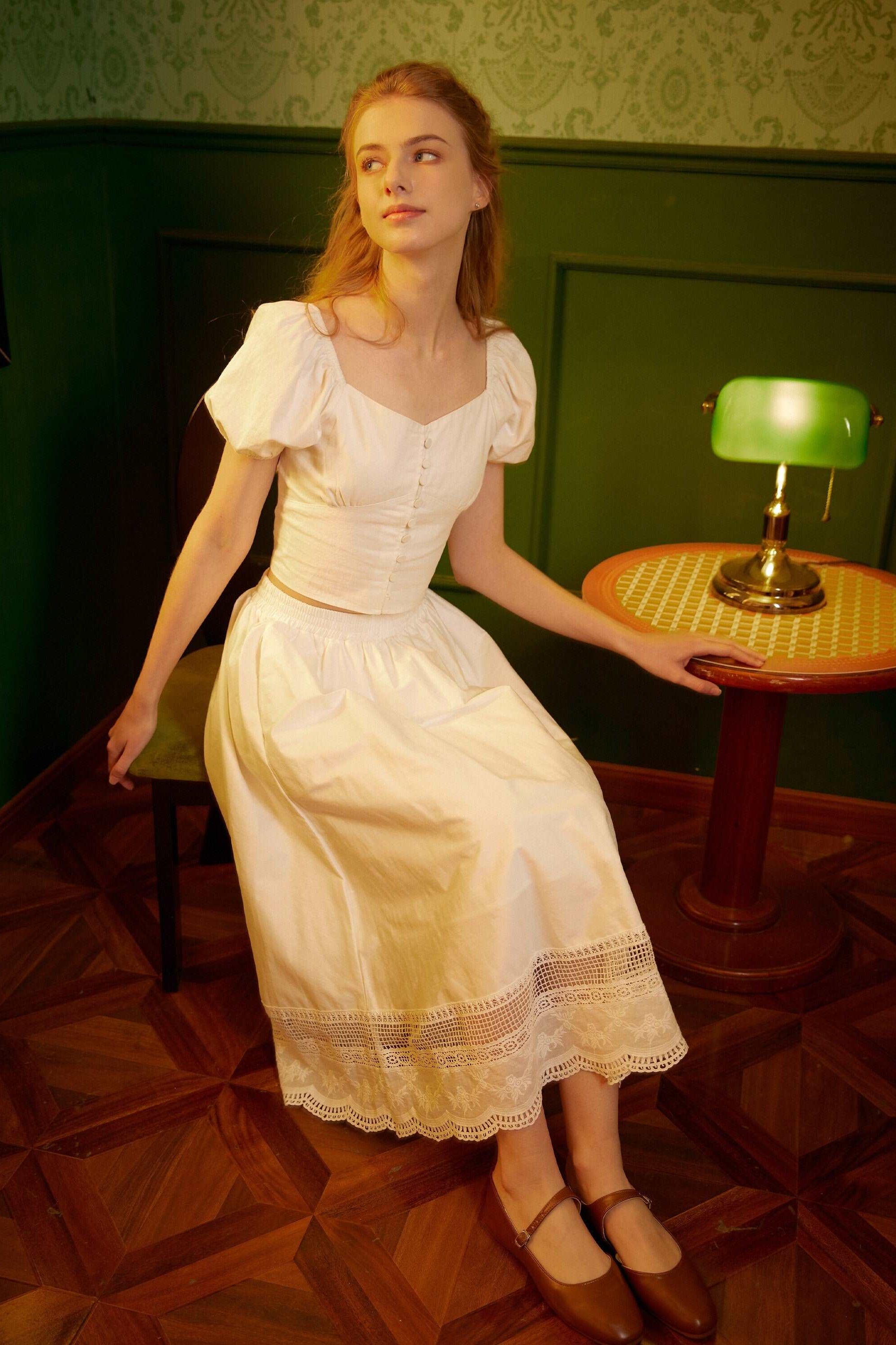 Renaissance Lace skirt Victorian skirt Pocket Skirt with Embroidery Cotton Skirt With Lace Hem Elastic Waist Ren Faire dress with a lining