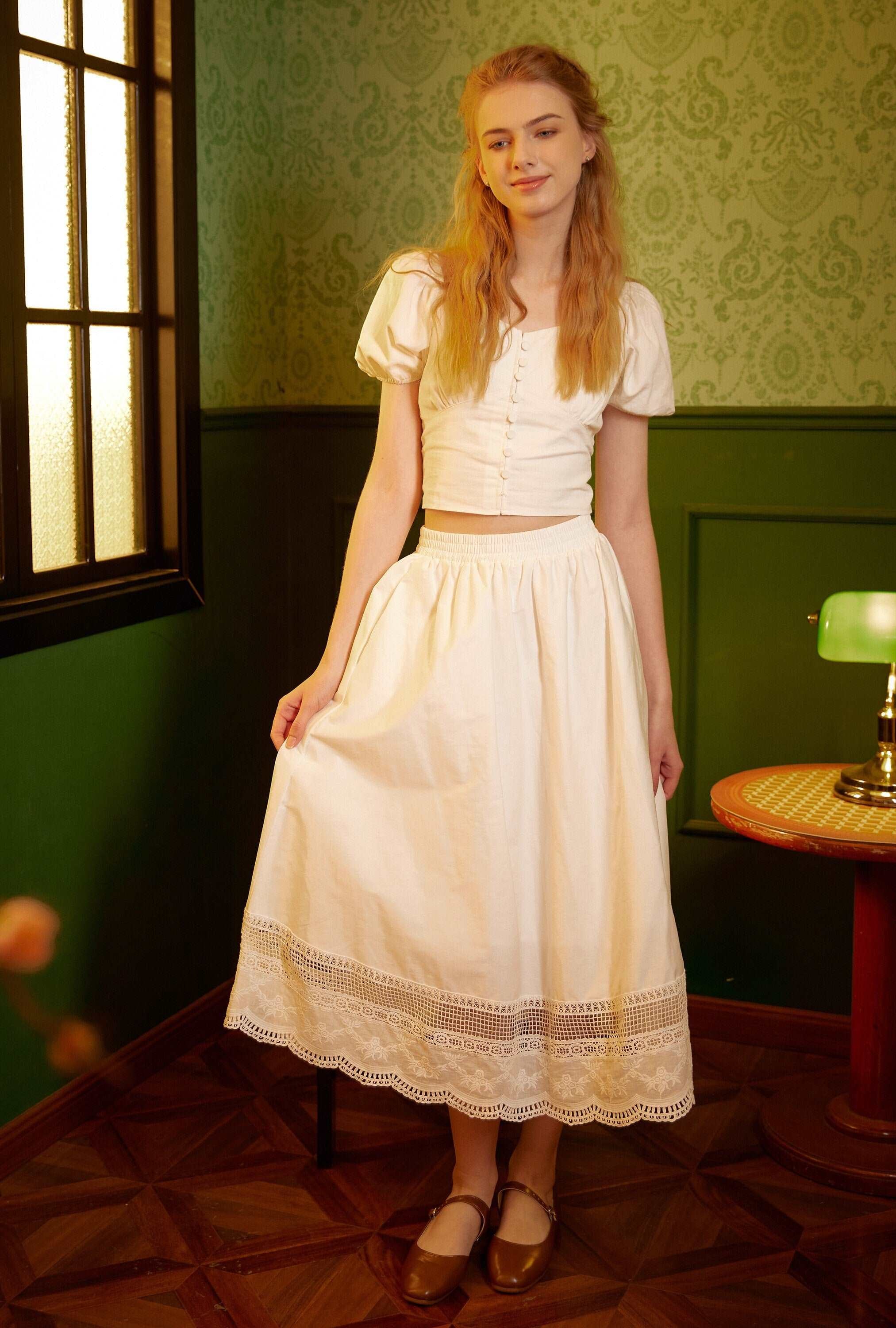 Renaissance Lace skirt Victorian skirt Pocket Skirt with Embroidery Cotton Skirt With Lace Hem Elastic Waist Ren Faire dress with a lining