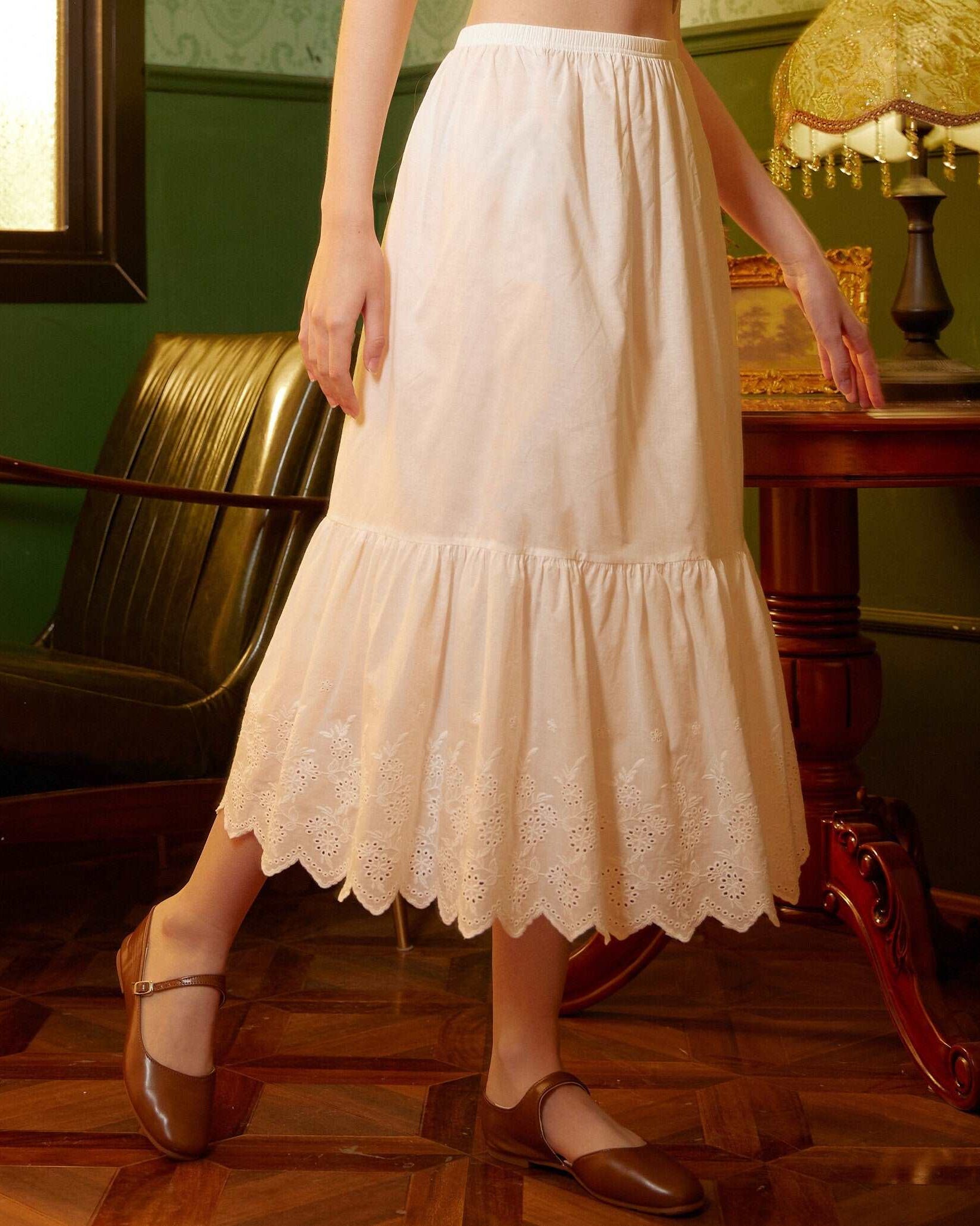 Petticoat Skirt 100% Cotton Half Slip Unterrock Crinoline Jupon Skirt Extender Underskirt with Lace Embroidery Ivory/Cream/Black