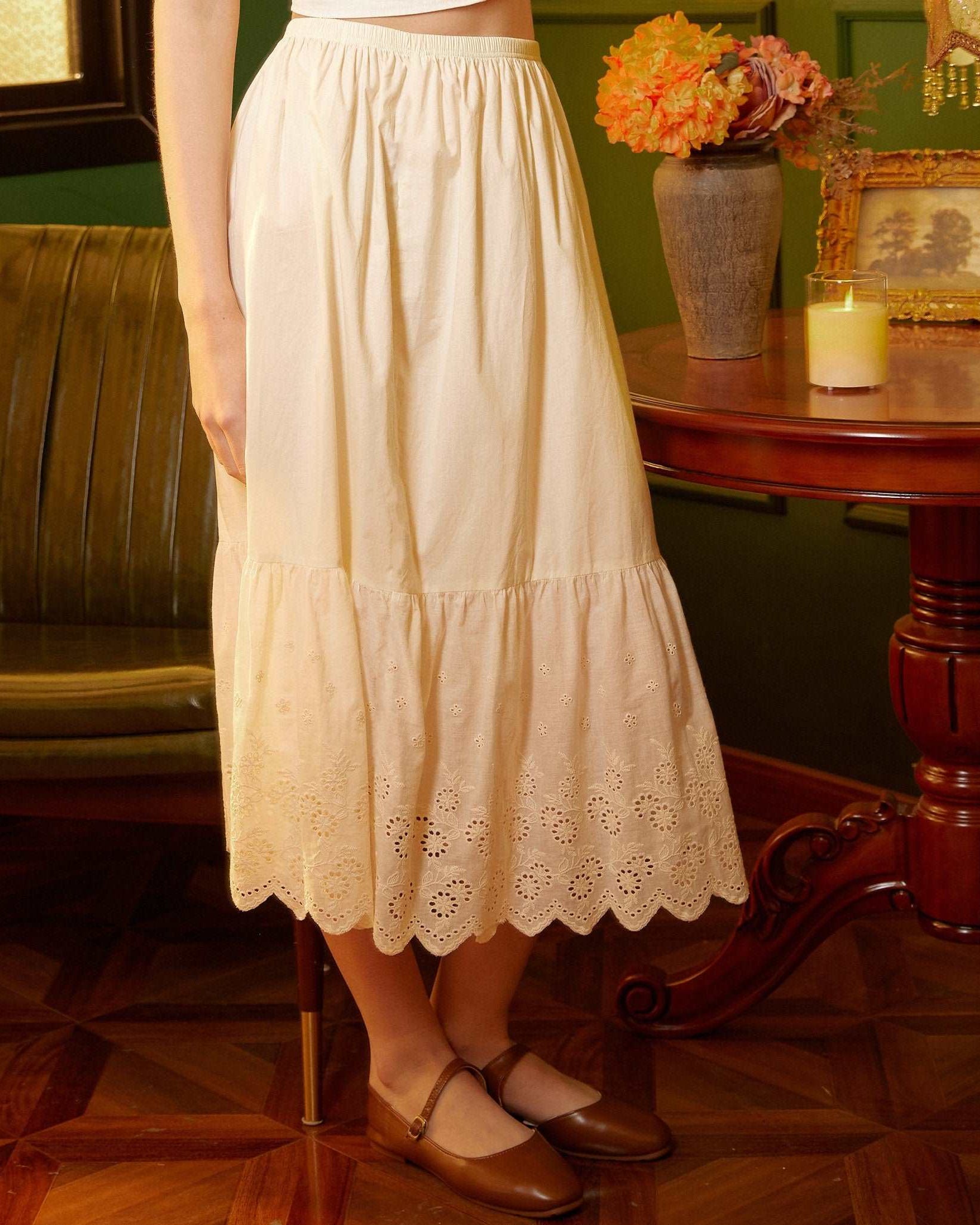 Petticoat Skirt 100% Cotton Half Slip Crinoline Jupon Skirt Extender Underskirt with Lace Embroidery Ivory/Cream/Black