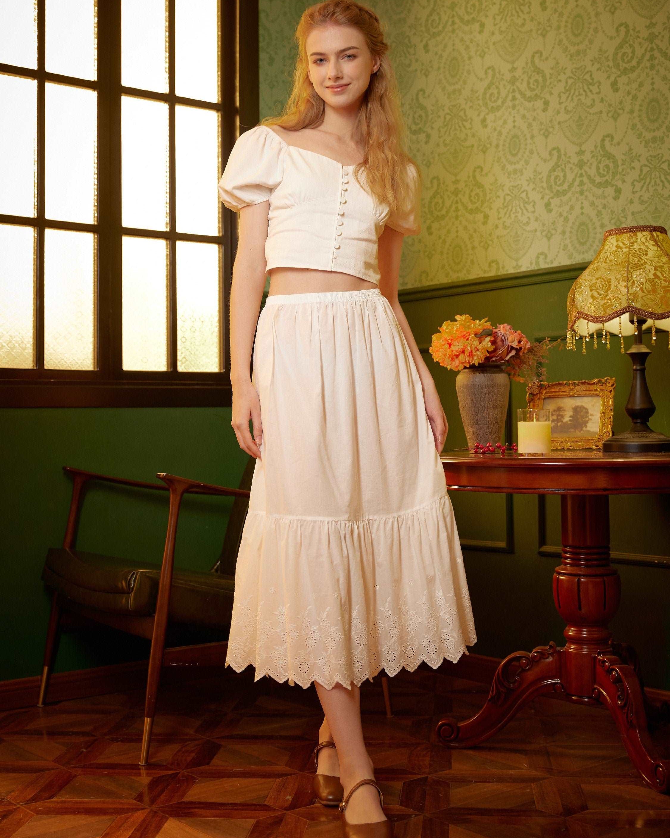 Petticoat Skirt 100% Cotton Half Slip Crinoline Jupon Skirt Extender Underskirt with Lace Embroidery Ivory/Cream/Black
