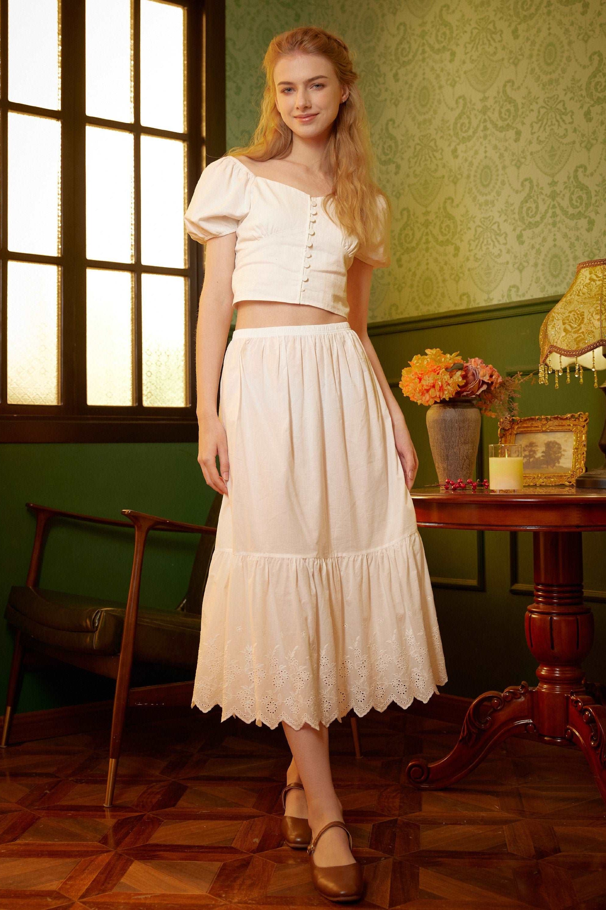 Petticoat Skirt 100% Cotton Half Slip Crinoline Jupon Skirt Extender Underskirt with Lace Embroidery Ivory/Cream/Black