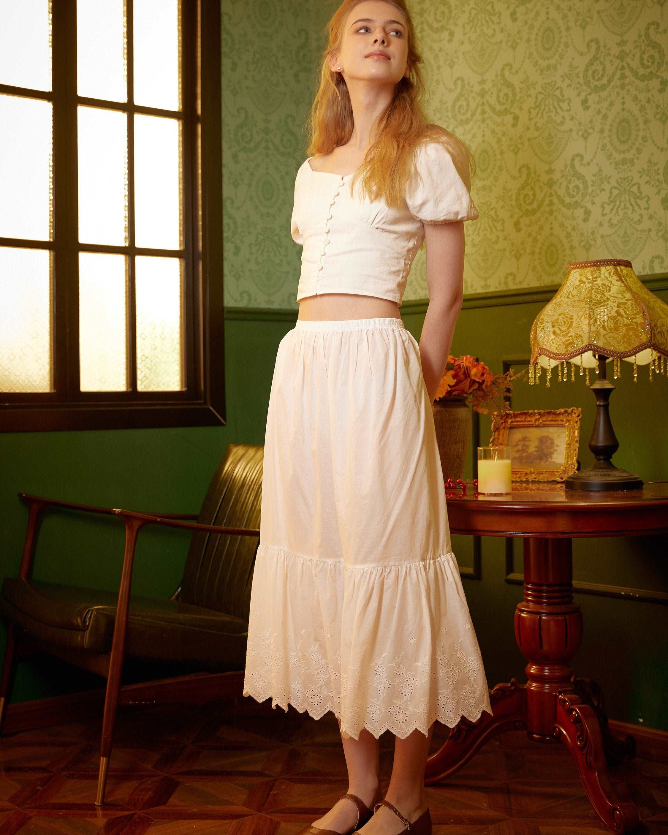 Petticoat Skirt 100% Cotton Half Slip Crinoline Jupon Skirt Extender Underskirt with Lace Embroidery Ivory/Cream/Black