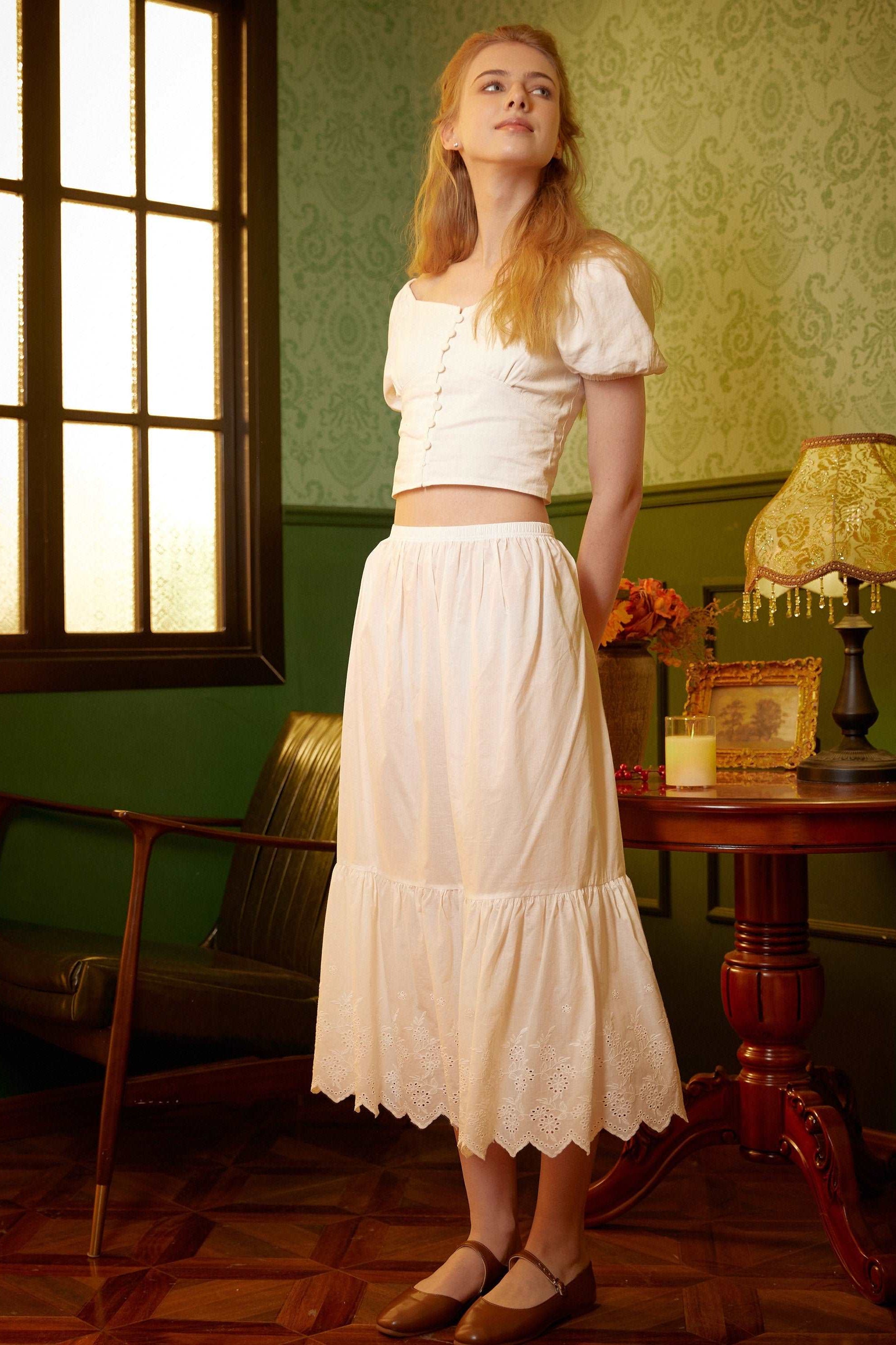 Petticoat Skirt 100% Cotton Half Slip Crinoline Jupon Skirt Extender Underskirt with Lace Embroidery Ivory/Cream/Black