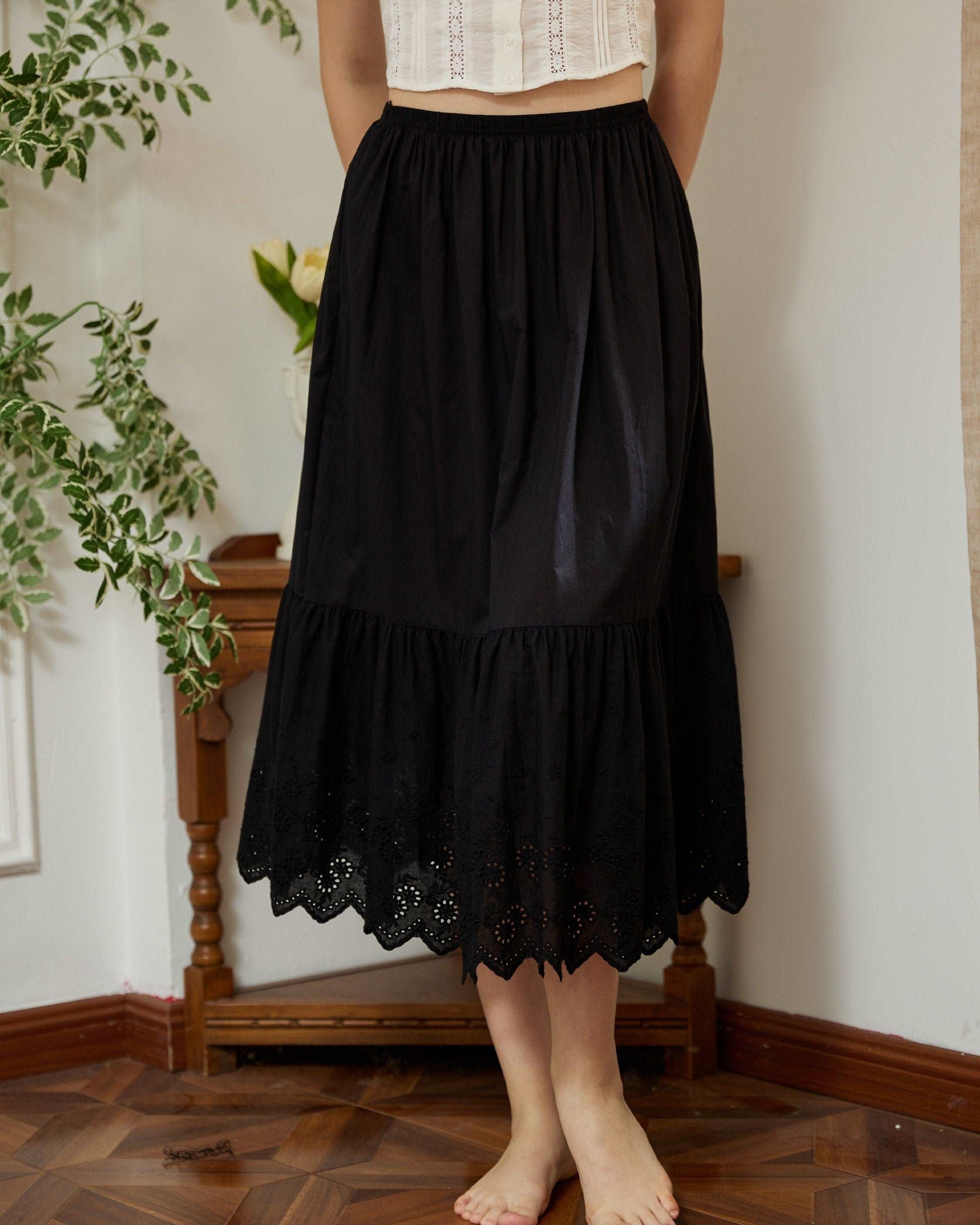 Petticoat Skirt 100% Cotton Half Slip Crinoline Jupon Skirt Extender Underskirt with Lace Embroidery Ivory/Cream/Black