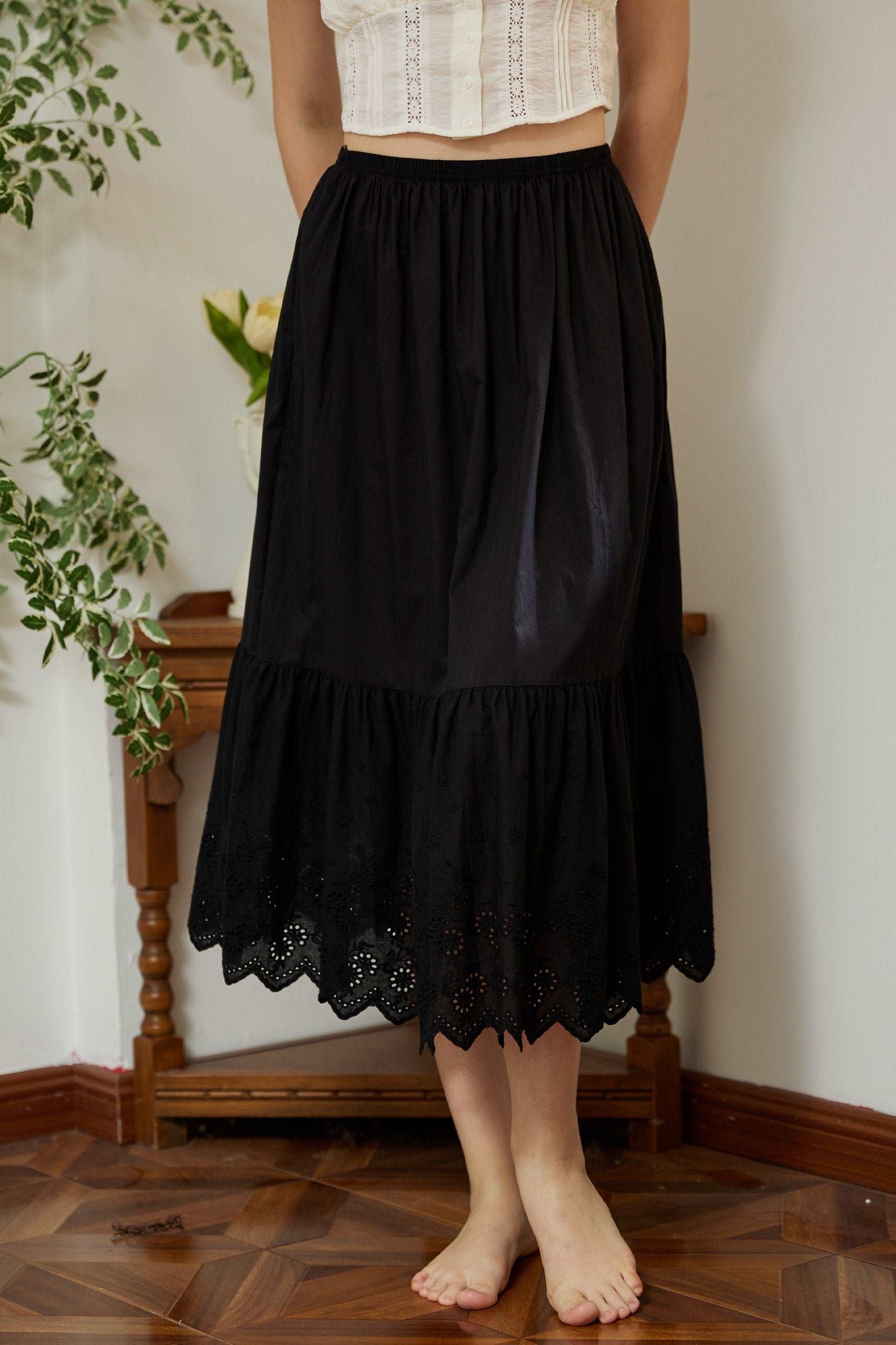 Petticoat Skirt 100% Cotton Half Slip Crinoline Jupon Skirt Extender Underskirt with Lace Embroidery Ivory/Cream/Black