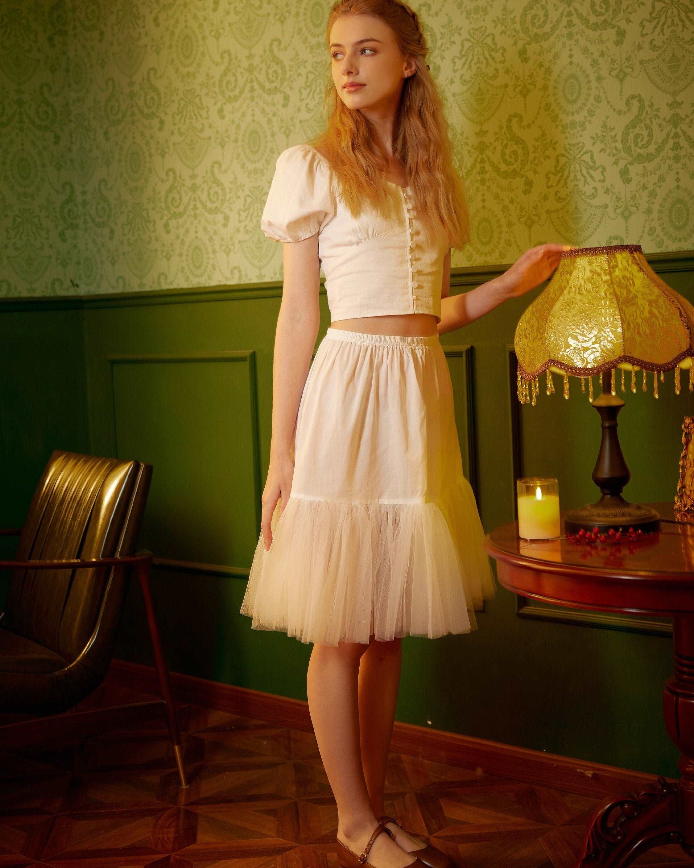 Half Slip Cotton Petticoat Skirt Extender with Pleated Mesh Hem Tulle Underskirt Under Dresses Ivory/Black