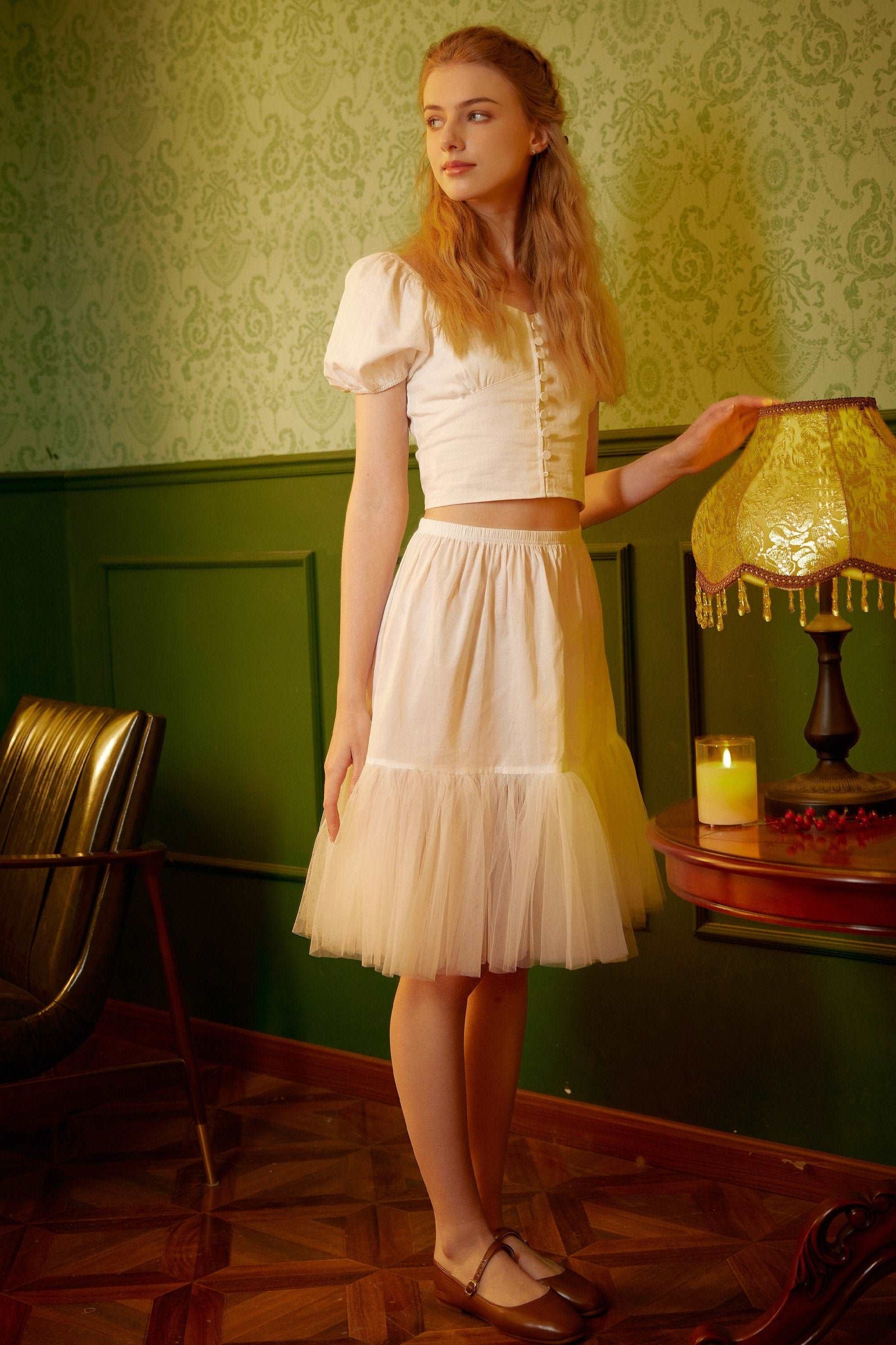 Half Slip Cotton Petticoat Skirt Extender with Pleated Mesh Hem Tulle Underskirt Under Dresses Ivory/Black