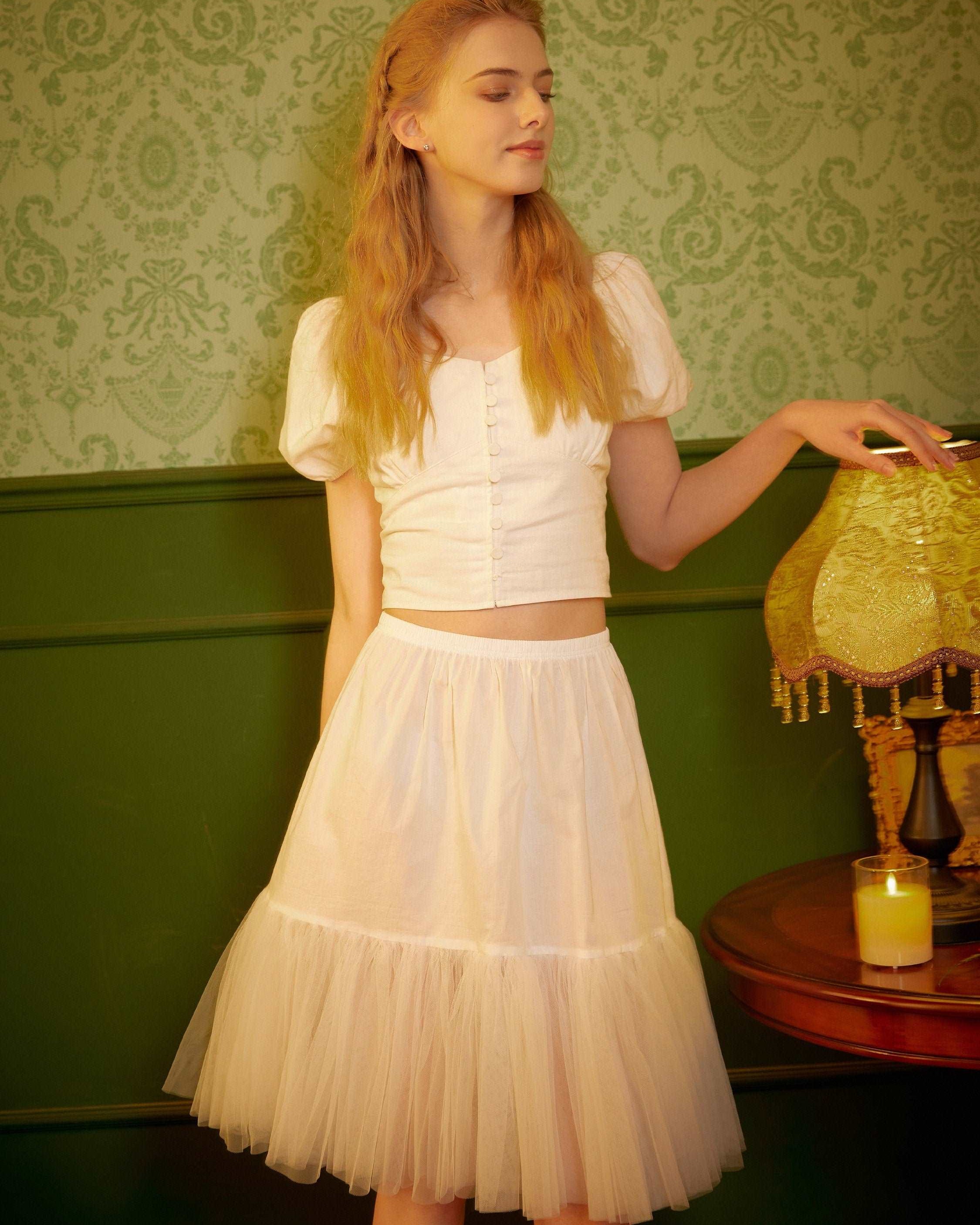 Half Slip Cotton Petticoat Skirt Extender with Pleated Mesh Hem Tulle Underskirt Under Dresses Ivory/Black