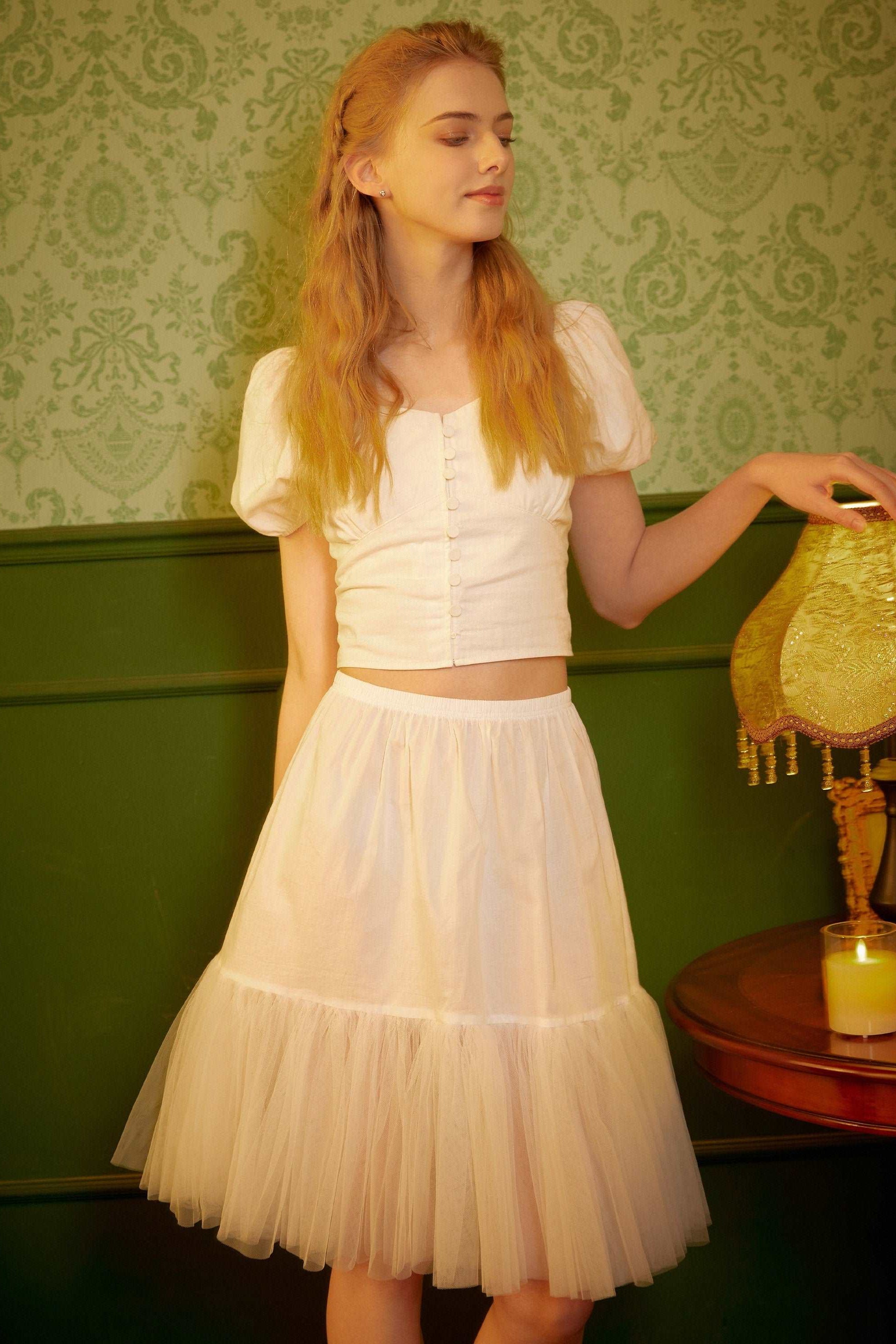 Half Slip Cotton Petticoat Skirt Extender with Pleated Mesh Hem Tulle Underskirt Under Dresses Ivory/Black