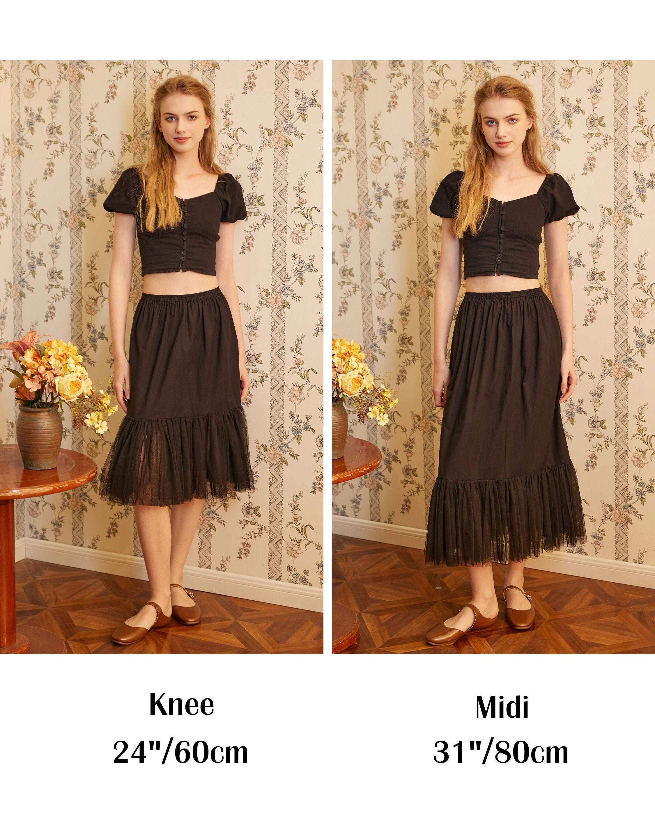 Half Slip Cotton Petticoat Skirt Extender with Pleated Mesh Hem Underskirt Under Dresses Black