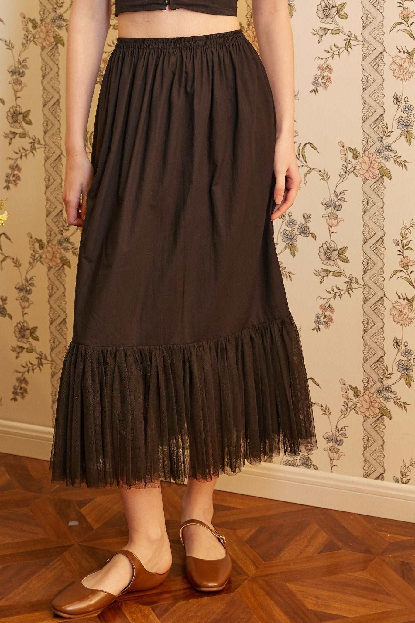 Half Slip Cotton Petticoat Skirt Extender with Pleated Mesh Hem Underskirt Under Dresses Black
