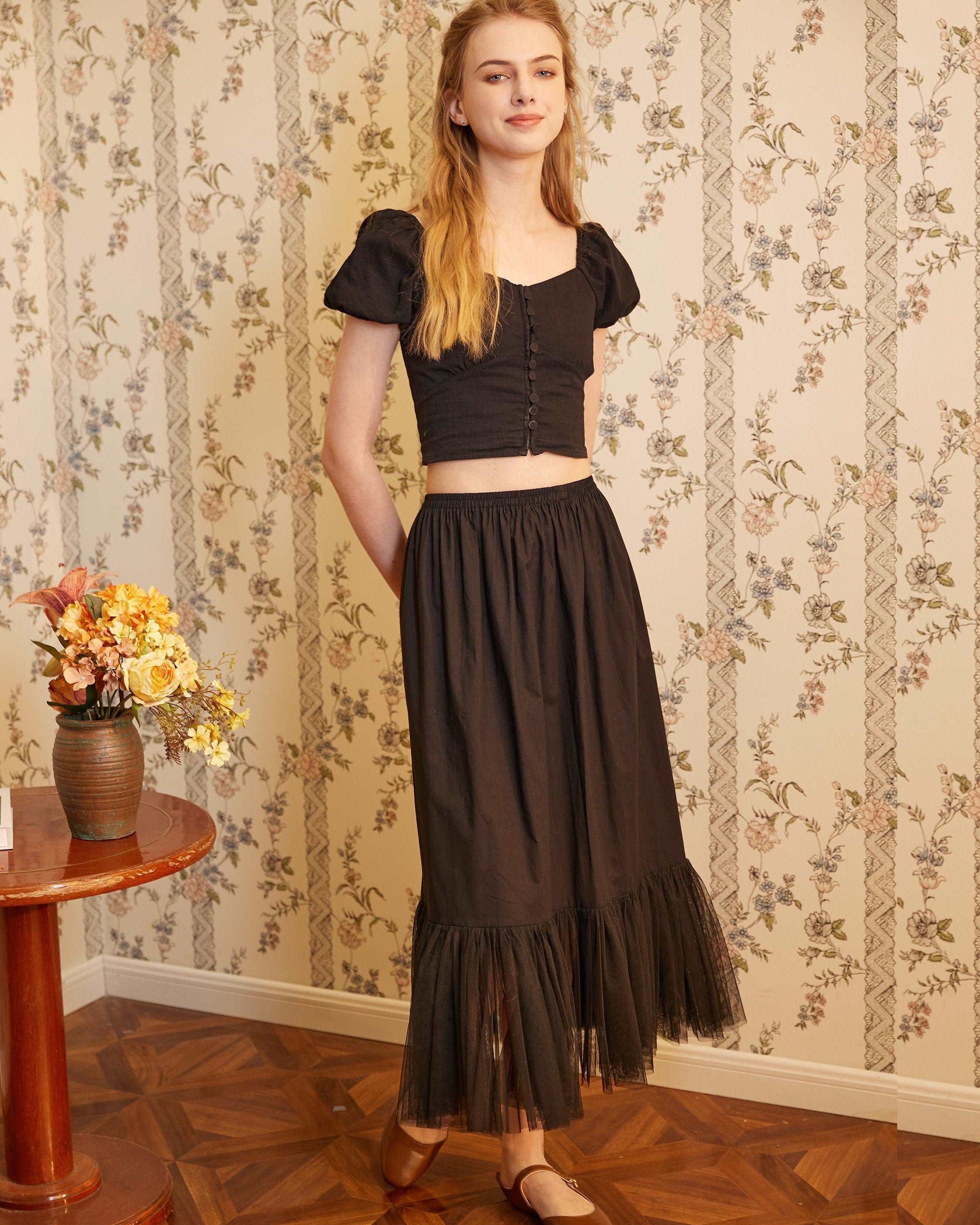 Half Slip Cotton Petticoat Skirt Extender with Pleated Mesh Hem Underskirt Under Dresses Black