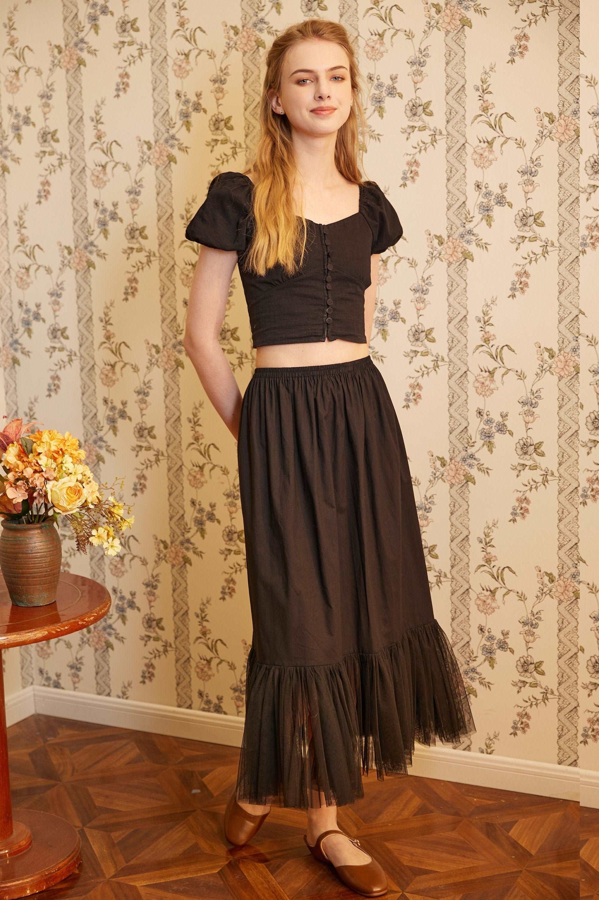 Half Slip Cotton Petticoat Skirt Extender with Pleated Mesh Hem Underskirt Under Dresses Black