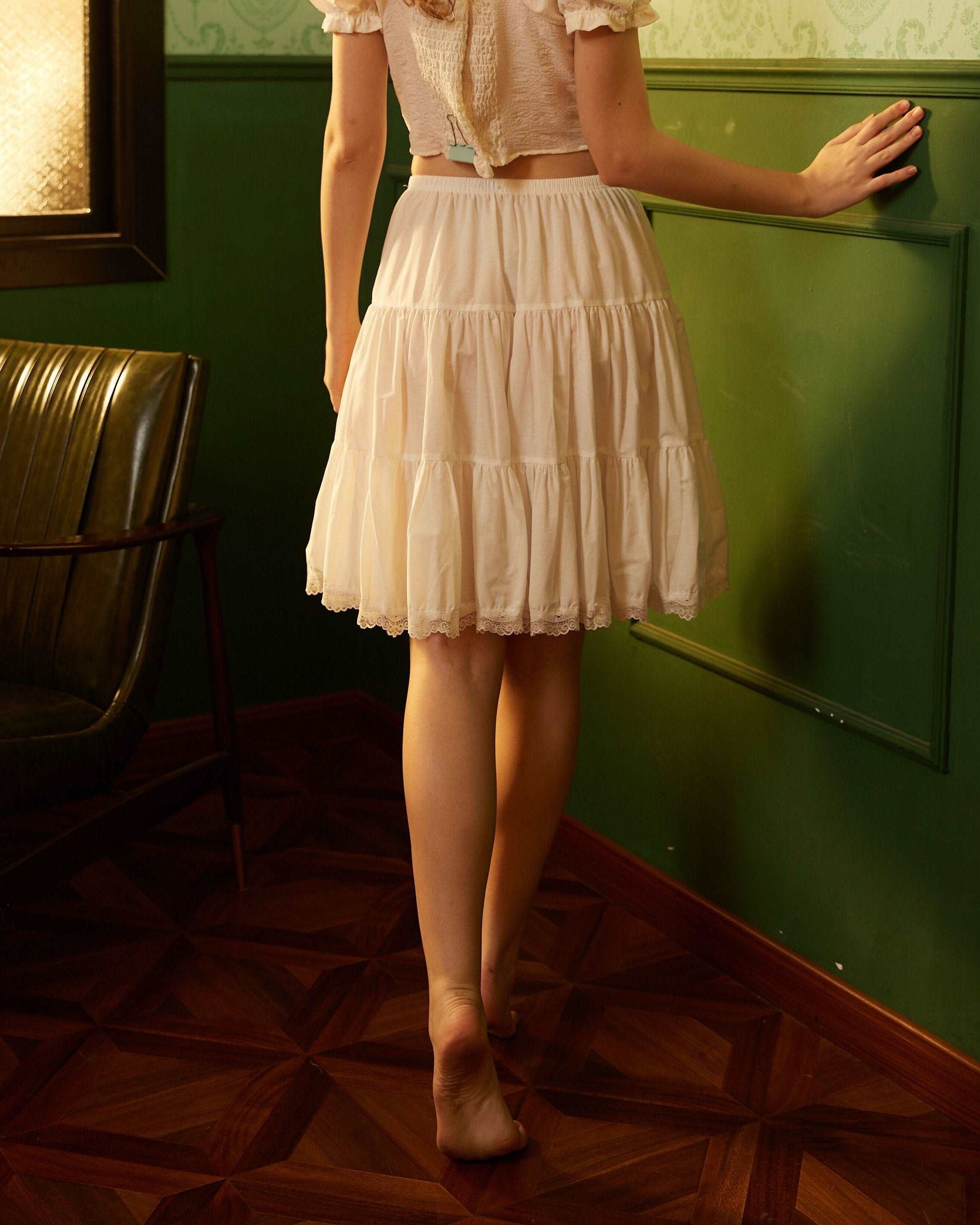 Petticoat Half Slip Cotton Woman Skirt Extender Crinoline Edged Lace A-line underskirt with Elastic waistband in three lengths Ivory