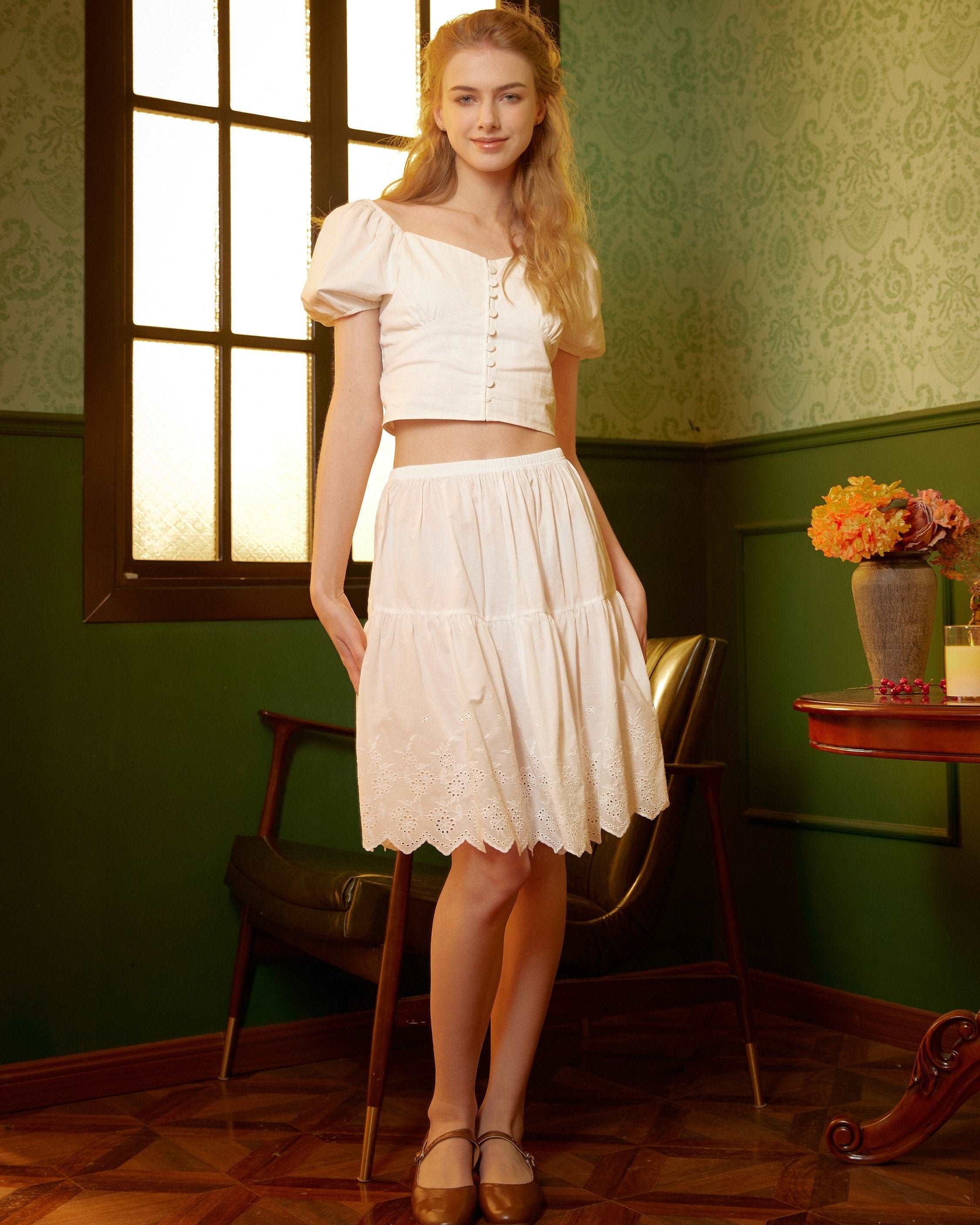 Petticoat Skirt 100% Cotton Half Slip Crinoline Skirt Extender Underskirt with Lace Embroidery Ivory/Black Knee Length