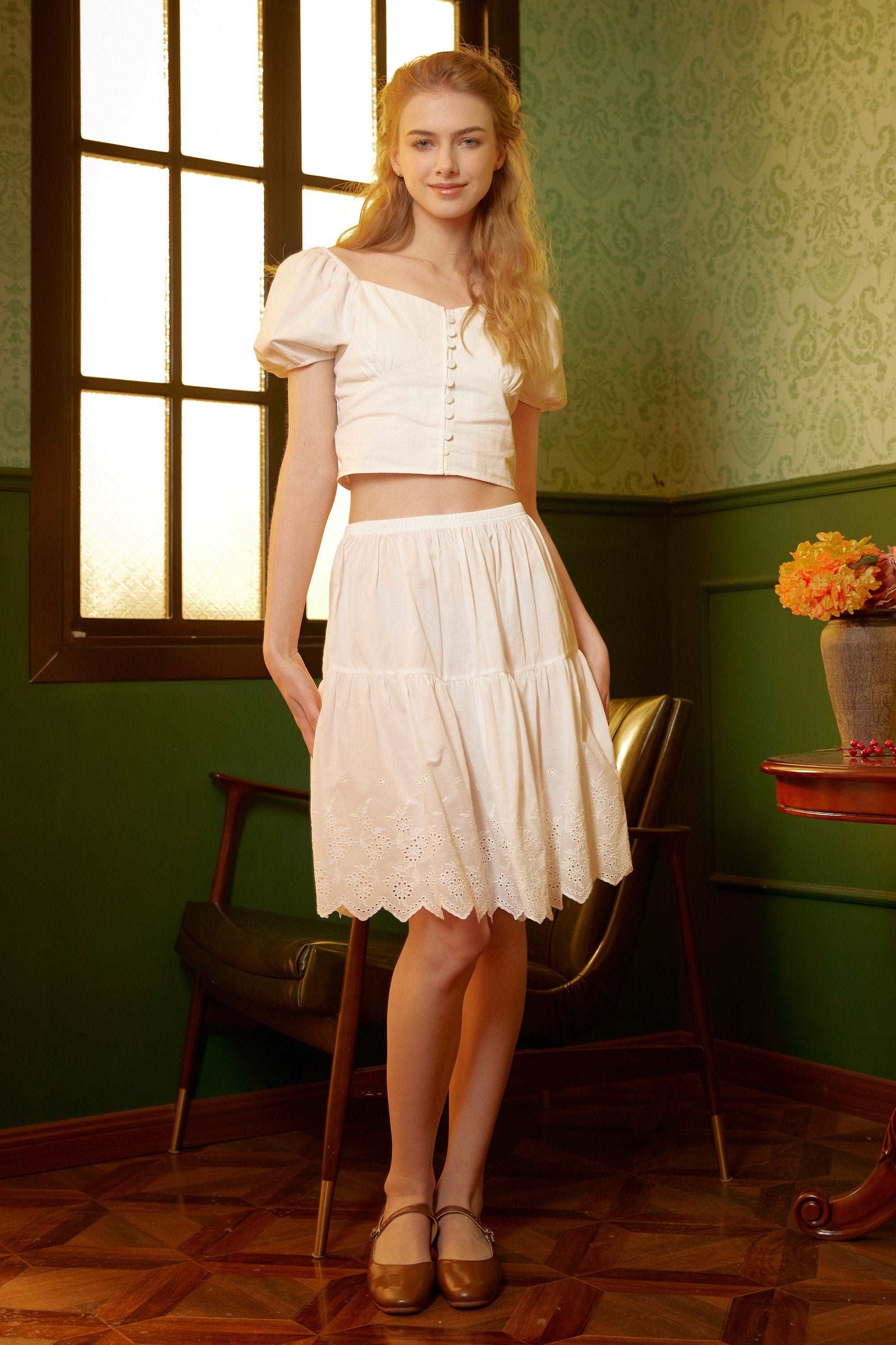 Petticoat Skirt 100% Cotton Half Slip Crinoline Skirt Extender Underskirt with Lace Embroidery Ivory/Black Knee Length