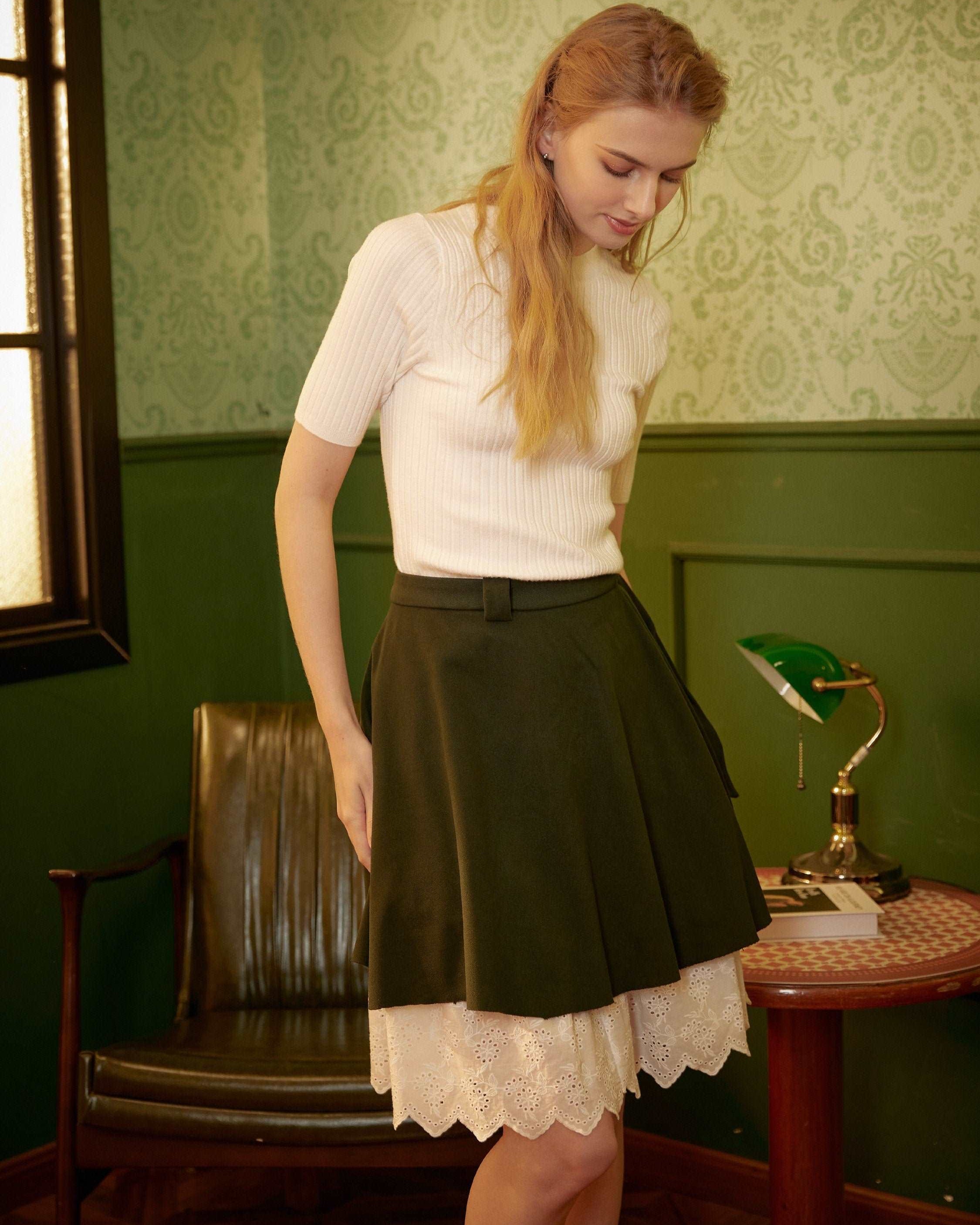 Petticoat Skirt 100% Cotton Half Slip Crinoline Skirt Extender Underskirt with Lace Embroidery Ivory/Black Knee Length