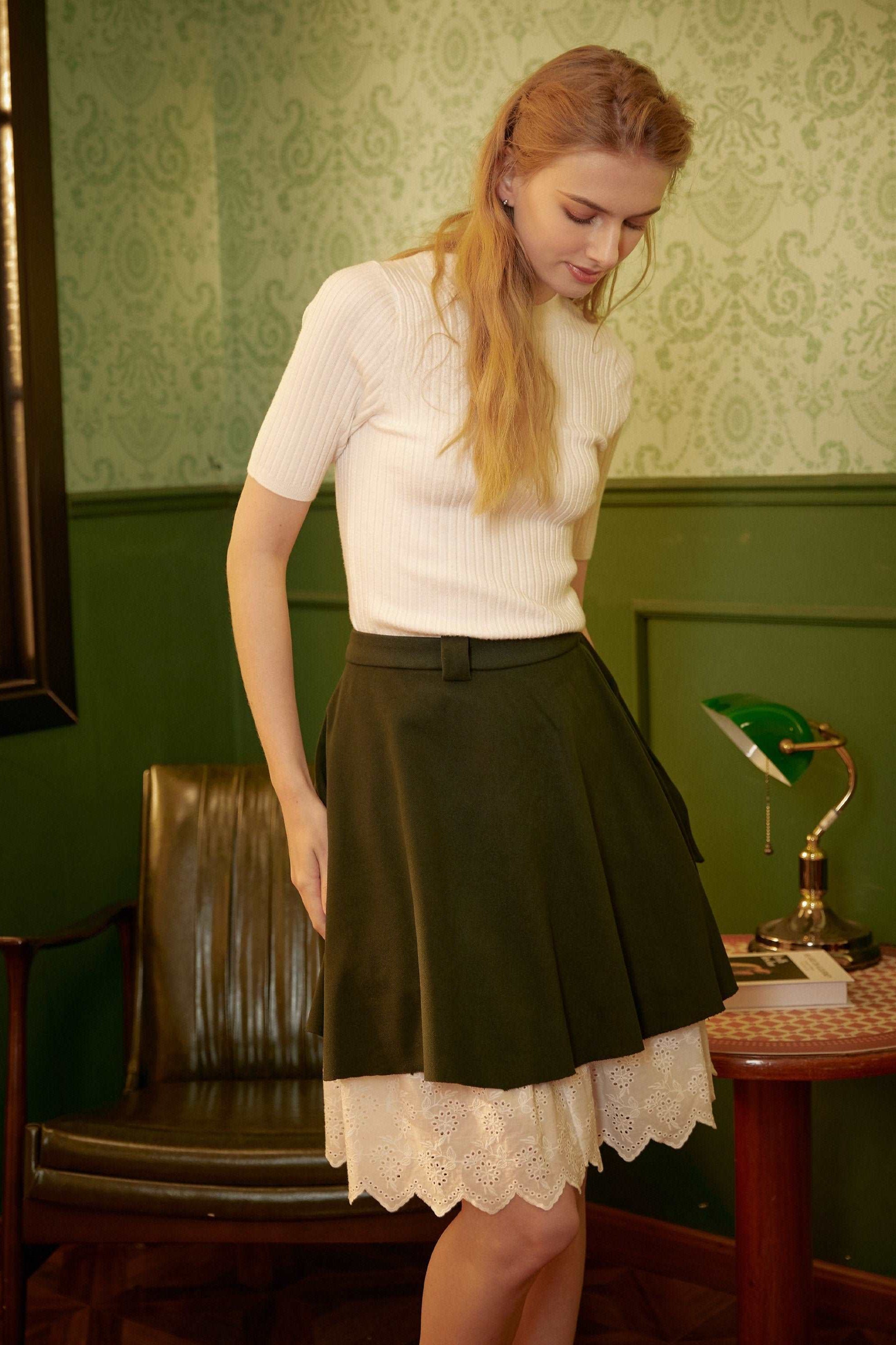 Petticoat Skirt 100% Cotton Half Slip Crinoline Skirt Extender Underskirt with Lace Embroidery Ivory/Black Knee Length