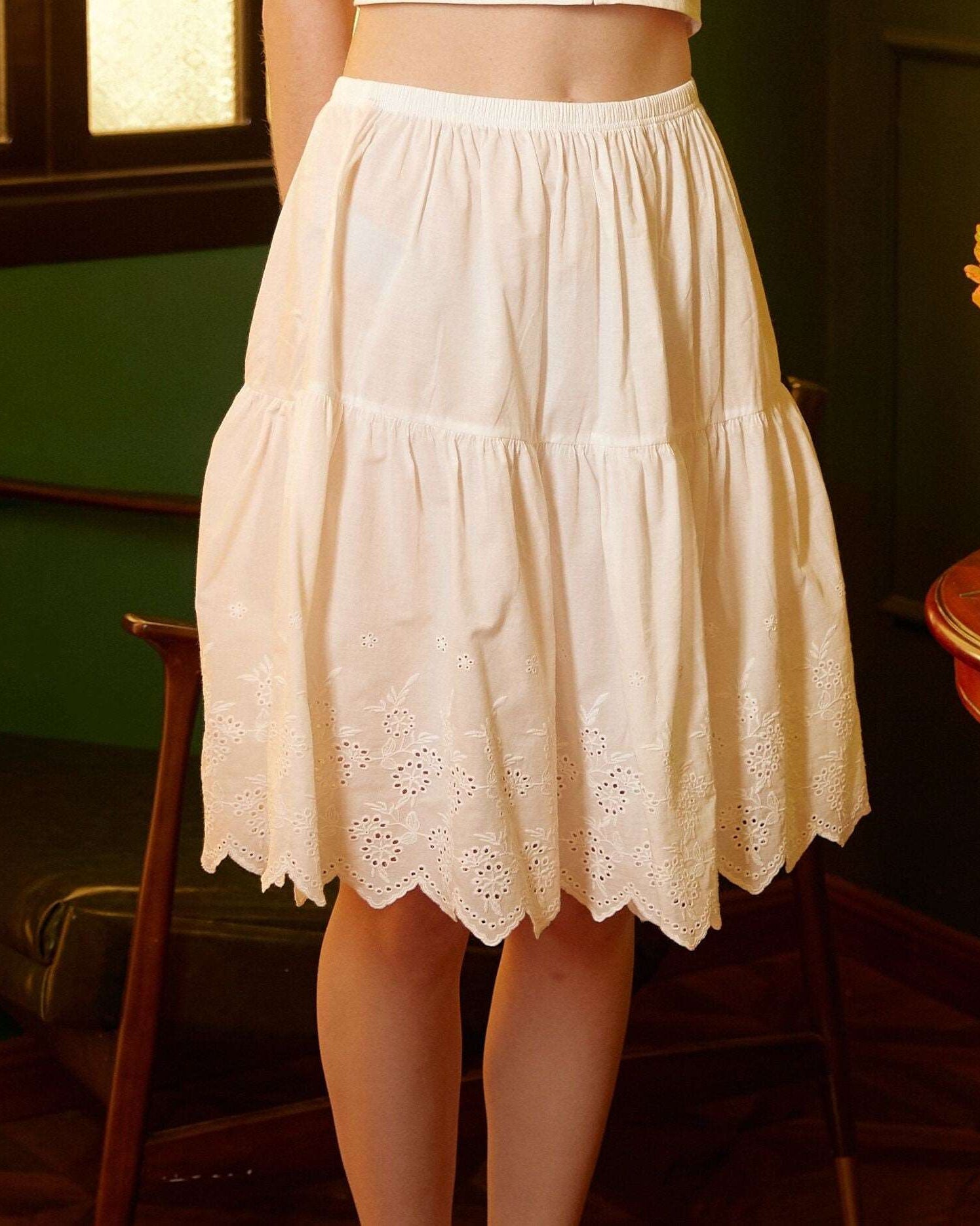 Petticoat Skirt 100% Cotton Half Slip Crinoline Skirt Extender Underskirt with Lace Embroidery Ivory/Black Knee Length