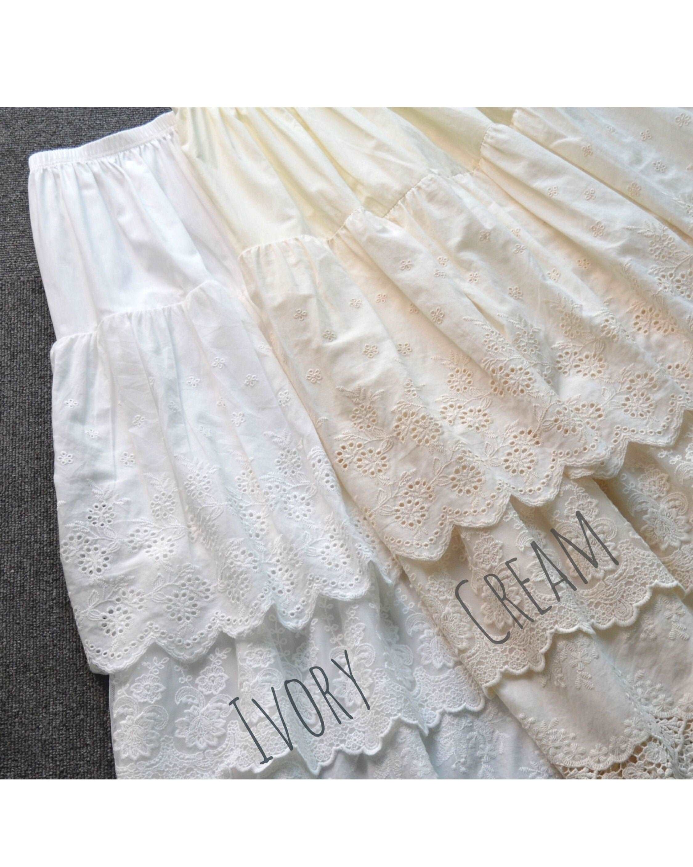 Half Slip Cotton Skirt Extender Tiered Lace Hem Underskirt Elastic waistband Romantic floral lace Petticoat Calf Length Skirt Ivory/Cream