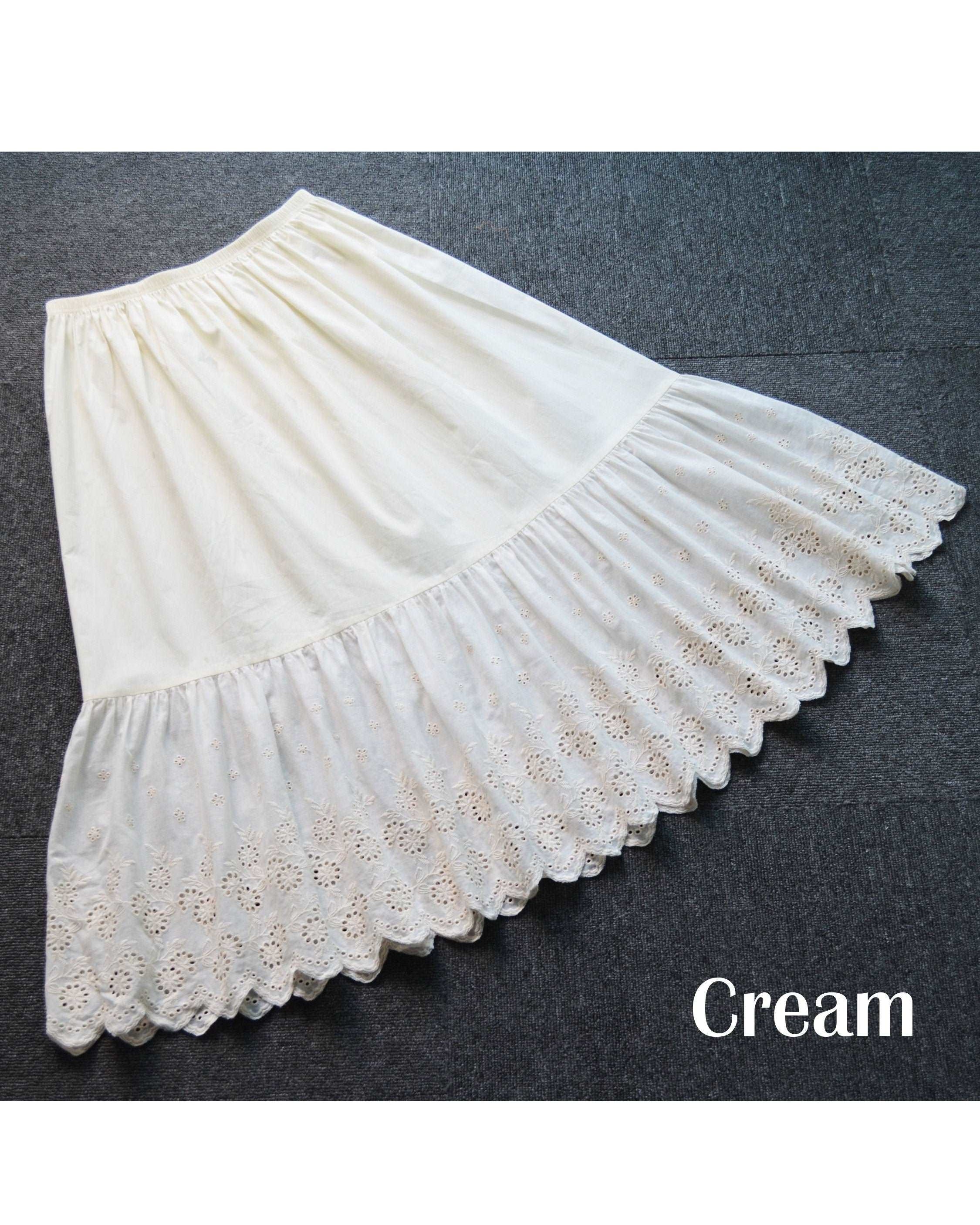 Petticoat Skirt 100% Cotton Half Slip Crinoline Jupon Skirt Extender Underskirt with Lace Embroidery Ivory/Cream/Black