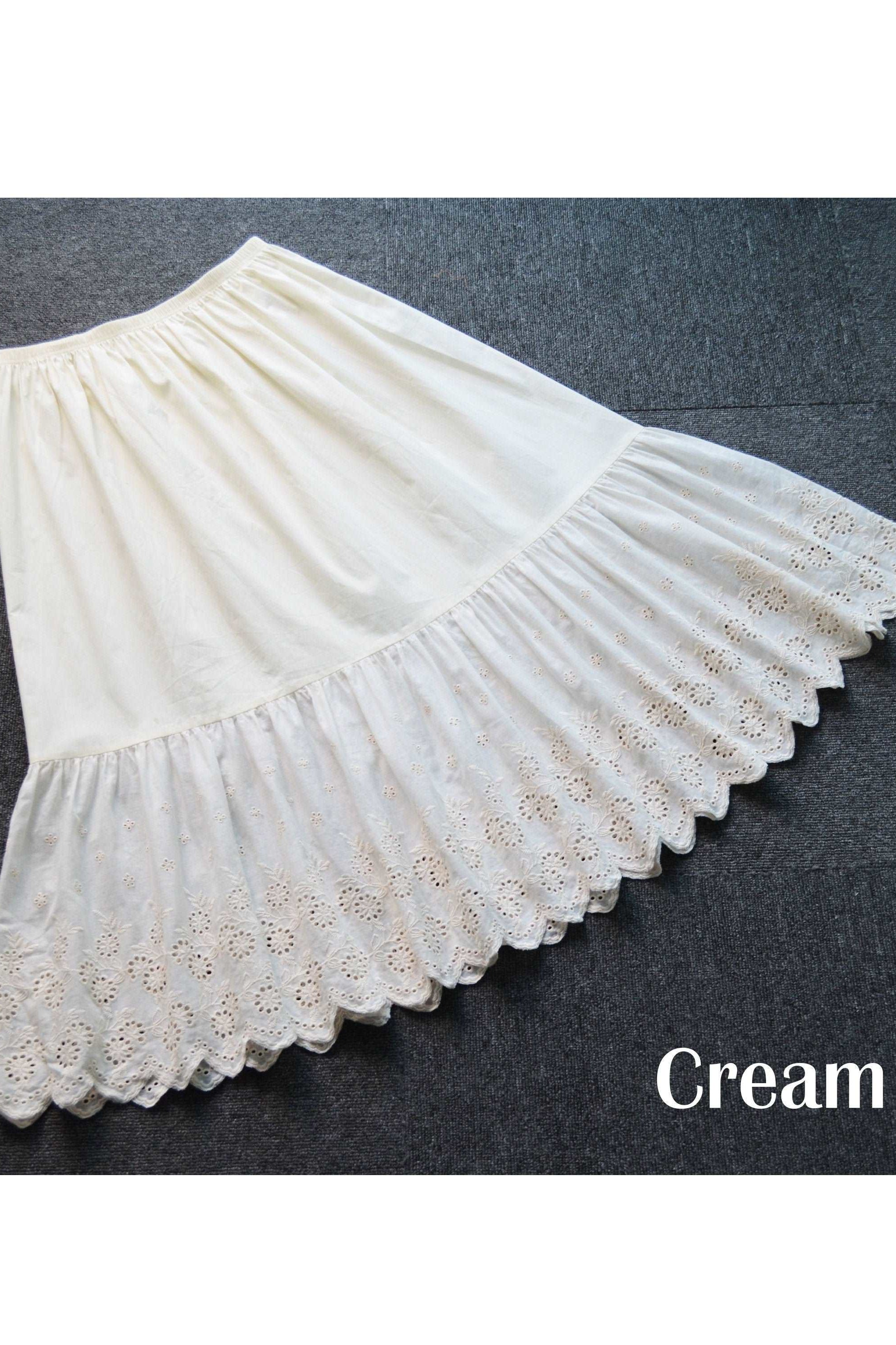 Petticoat Skirt 100% Cotton Half Slip Crinoline Jupon Skirt Extender Underskirt with Lace Embroidery Ivory/Cream/Black