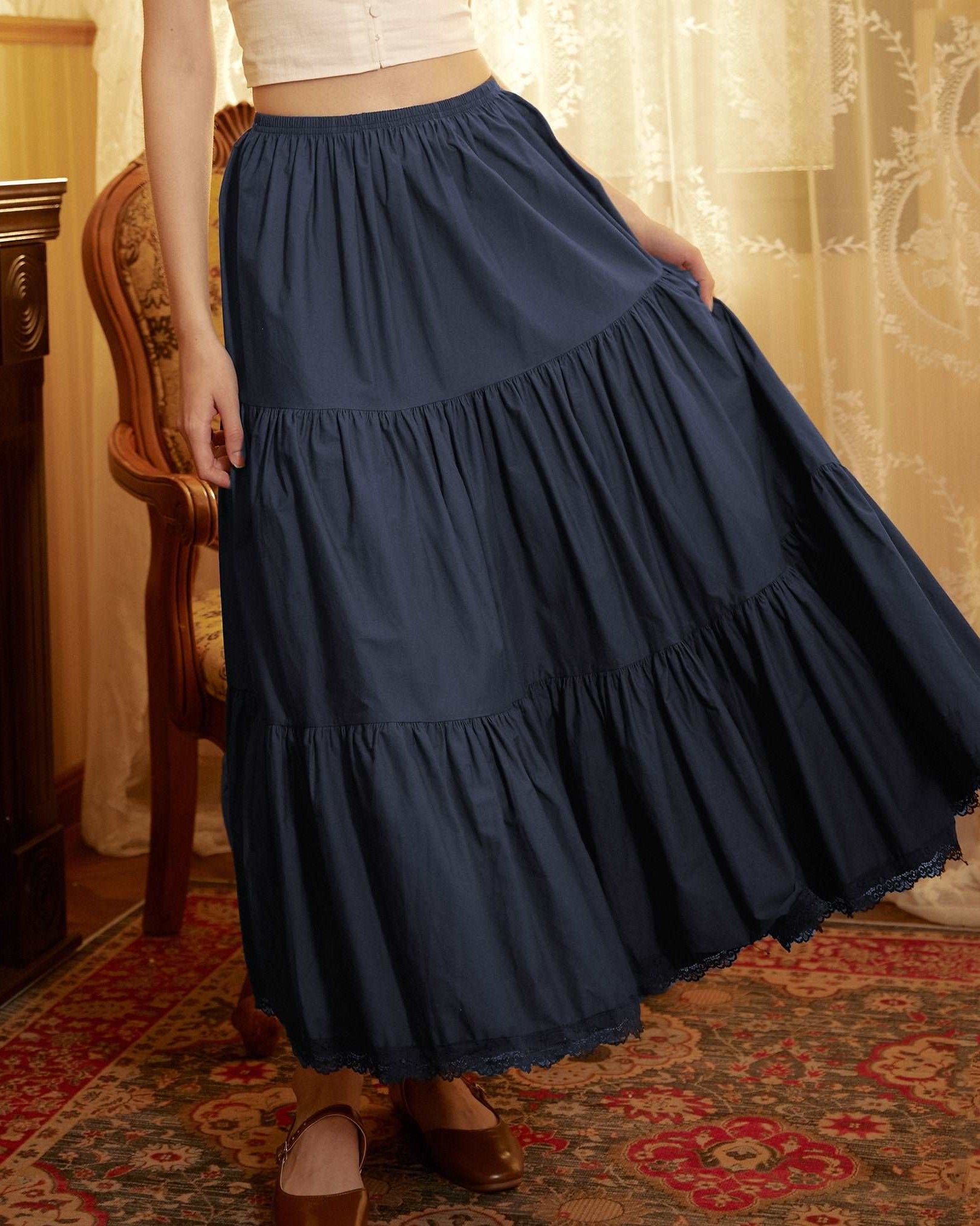 Petticoat Half Slip Cotton Woman Skirt Extender Crinoline Edged Lace A-line underskirt with Elastic waistband in three lengths Navy Blue