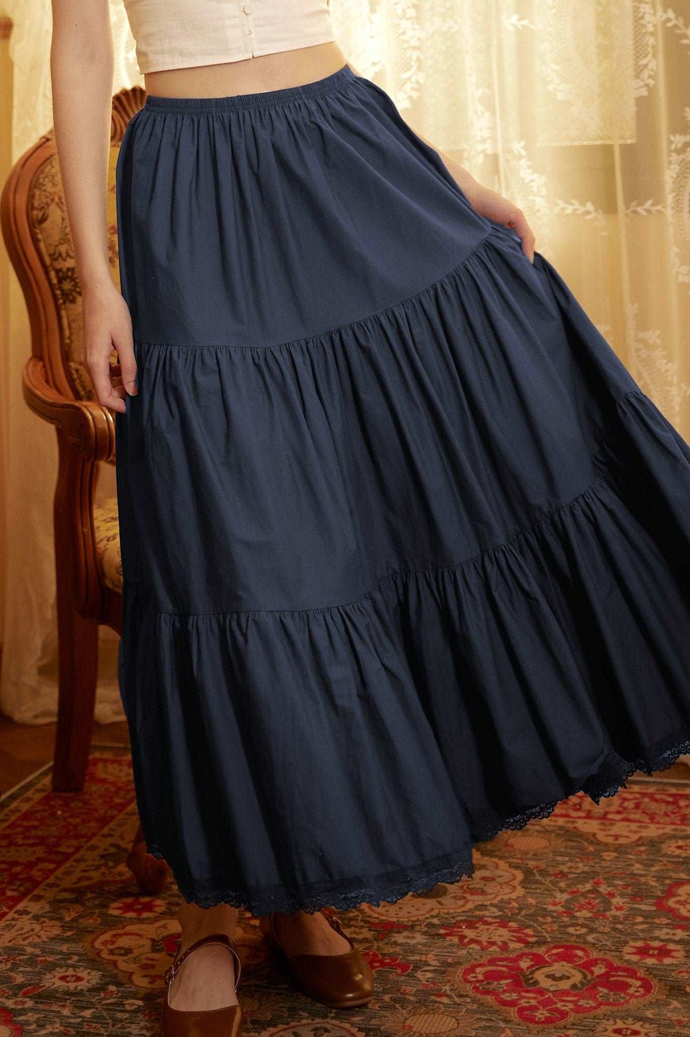 Petticoat Half Slip Cotton Woman Skirt Extender Crinoline Edged Lace A-line underskirt with Elastic waistband in three lengths Navy Blue