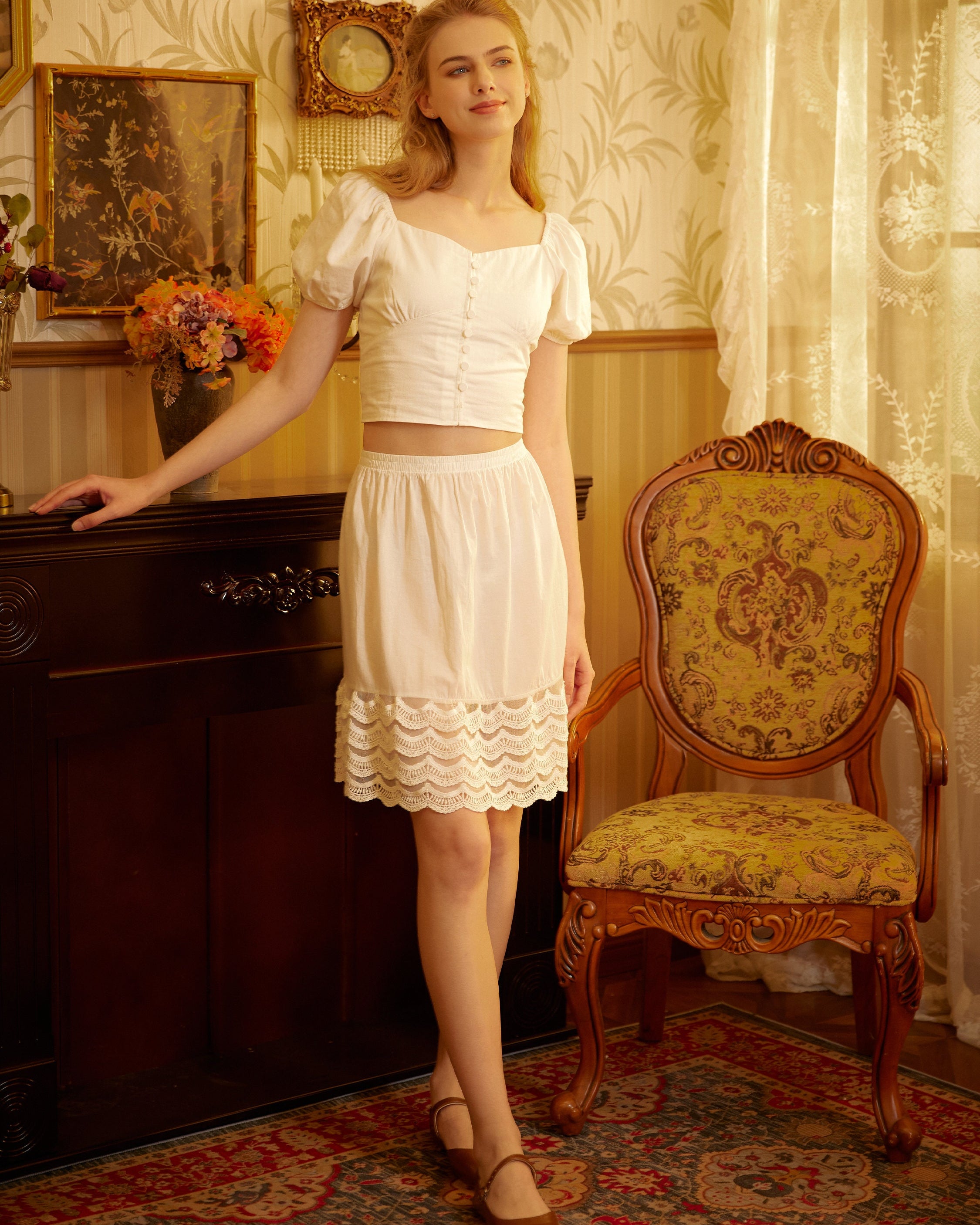 Skirt Extender Cotton Petticoat with Lace Trim Half Slip Vintage Inspired Underskirt Ivory