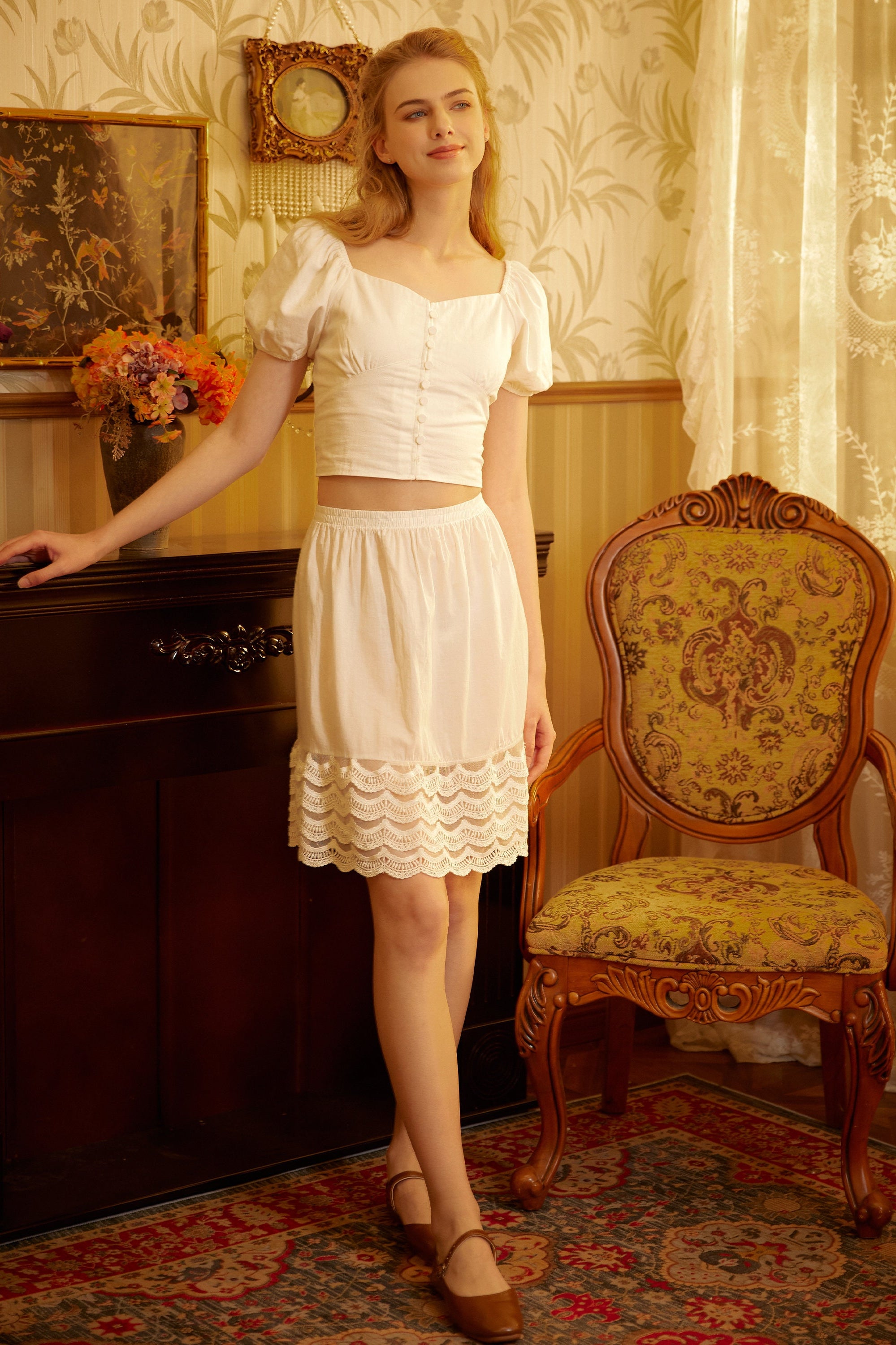 Skirt Extender Cotton Petticoat with Lace Trim Half Slip Vintage Inspired Underskirt Ivory