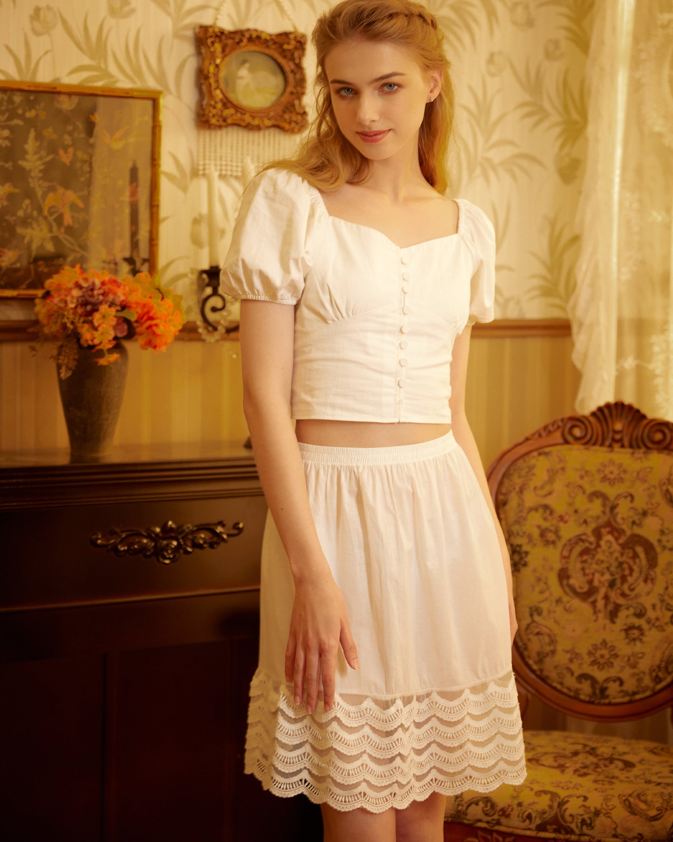Skirt Extender Cotton Petticoat with Lace Trim Half Slip Vintage Inspired Underskirt Ivory