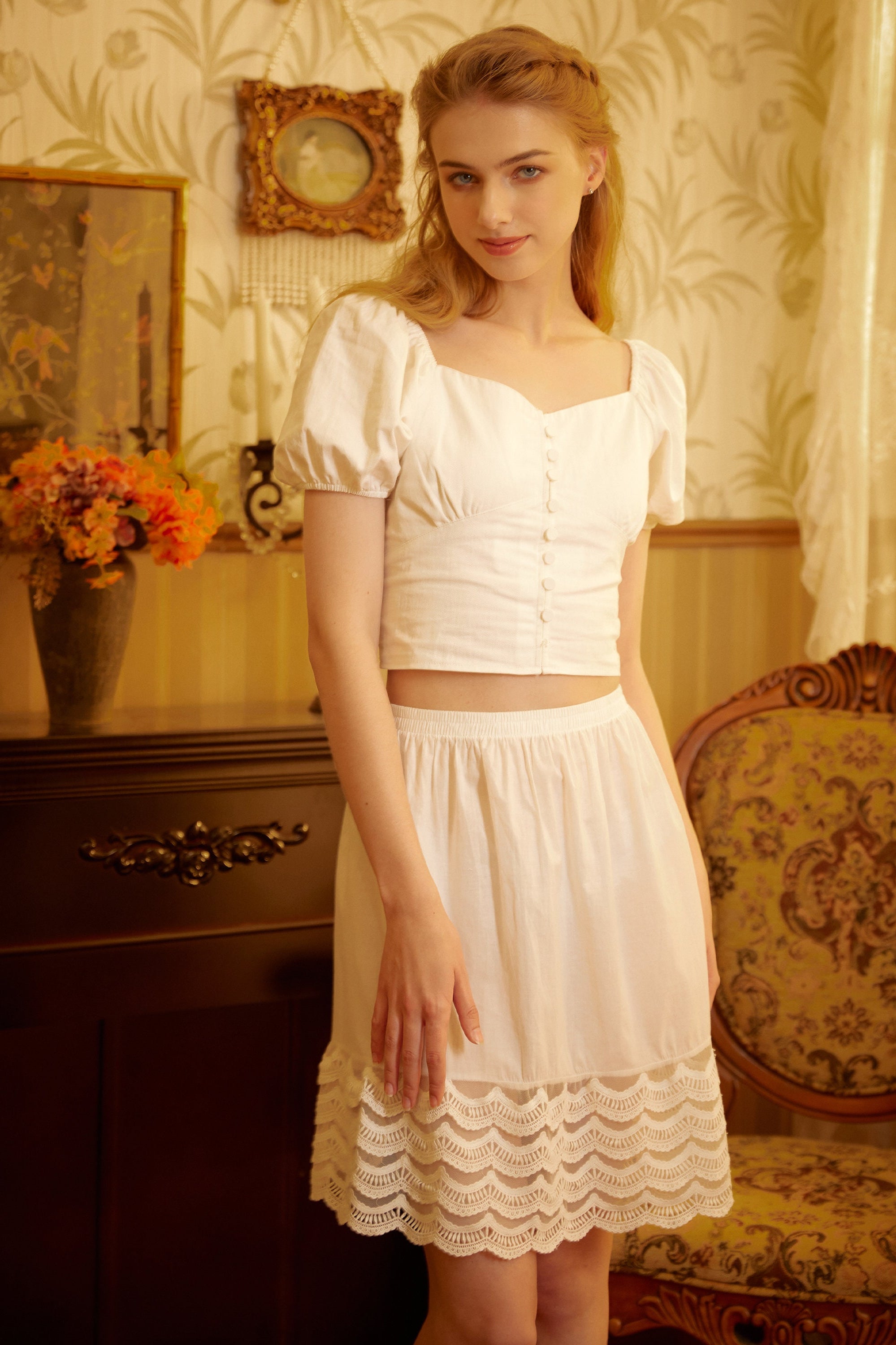 Skirt Extender Cotton Petticoat with Lace Trim Half Slip Vintage Inspired Underskirt Ivory