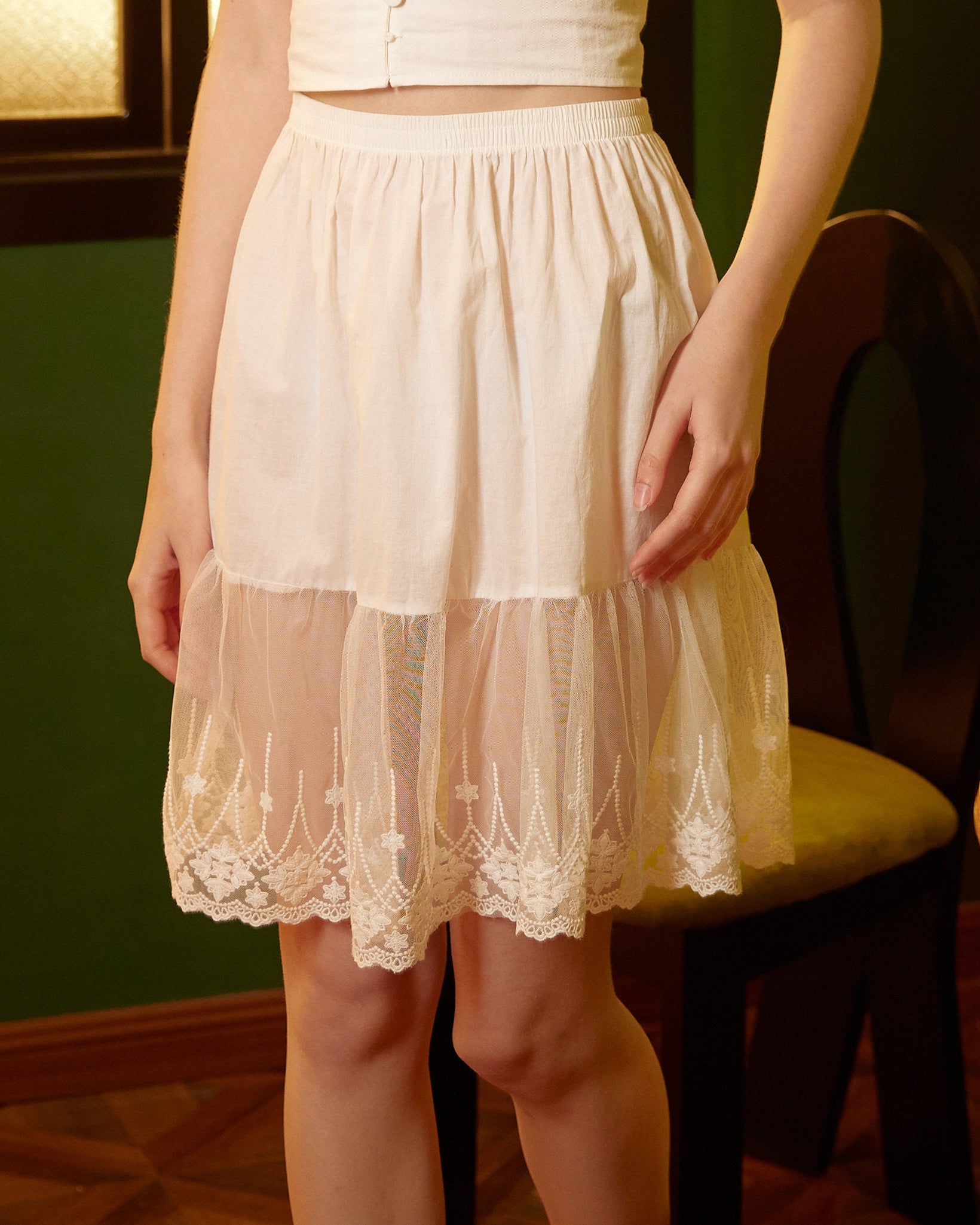 Skirt Extender Cotton Petticoat with Lace Trim Half Slip Underskirt Ivory Knee Length