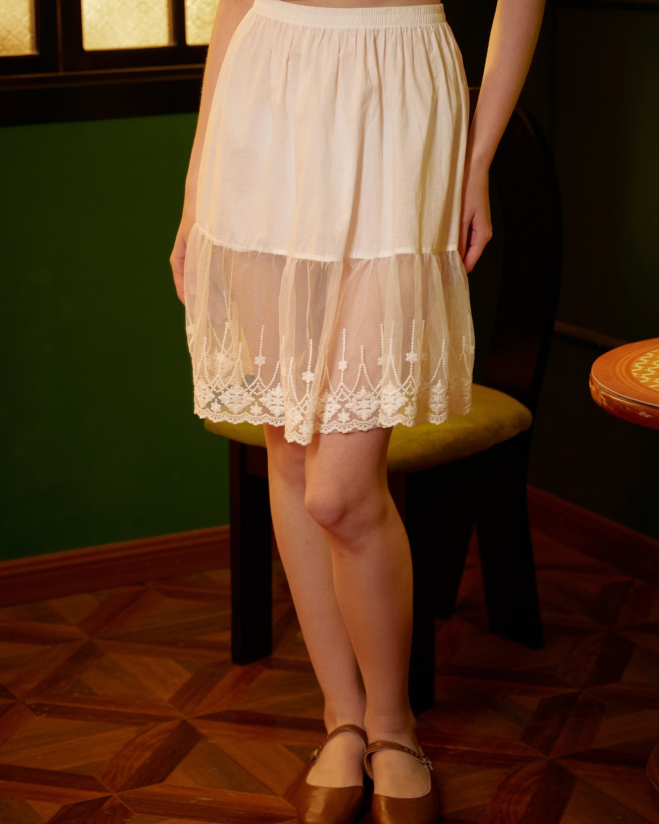 Skirt Extender Cotton Petticoat with Lace Trim Half Slip Underskirt Ivory Knee Length