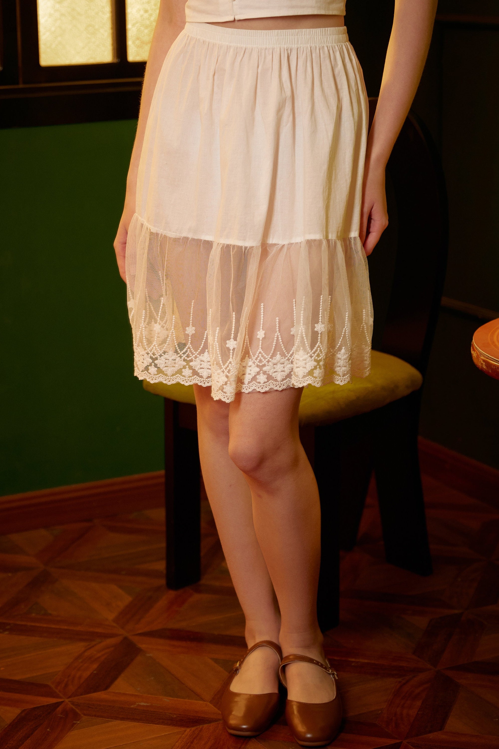 Skirt Extender Cotton Petticoat with Lace Trim Half Slip Underskirt Ivory Knee Length