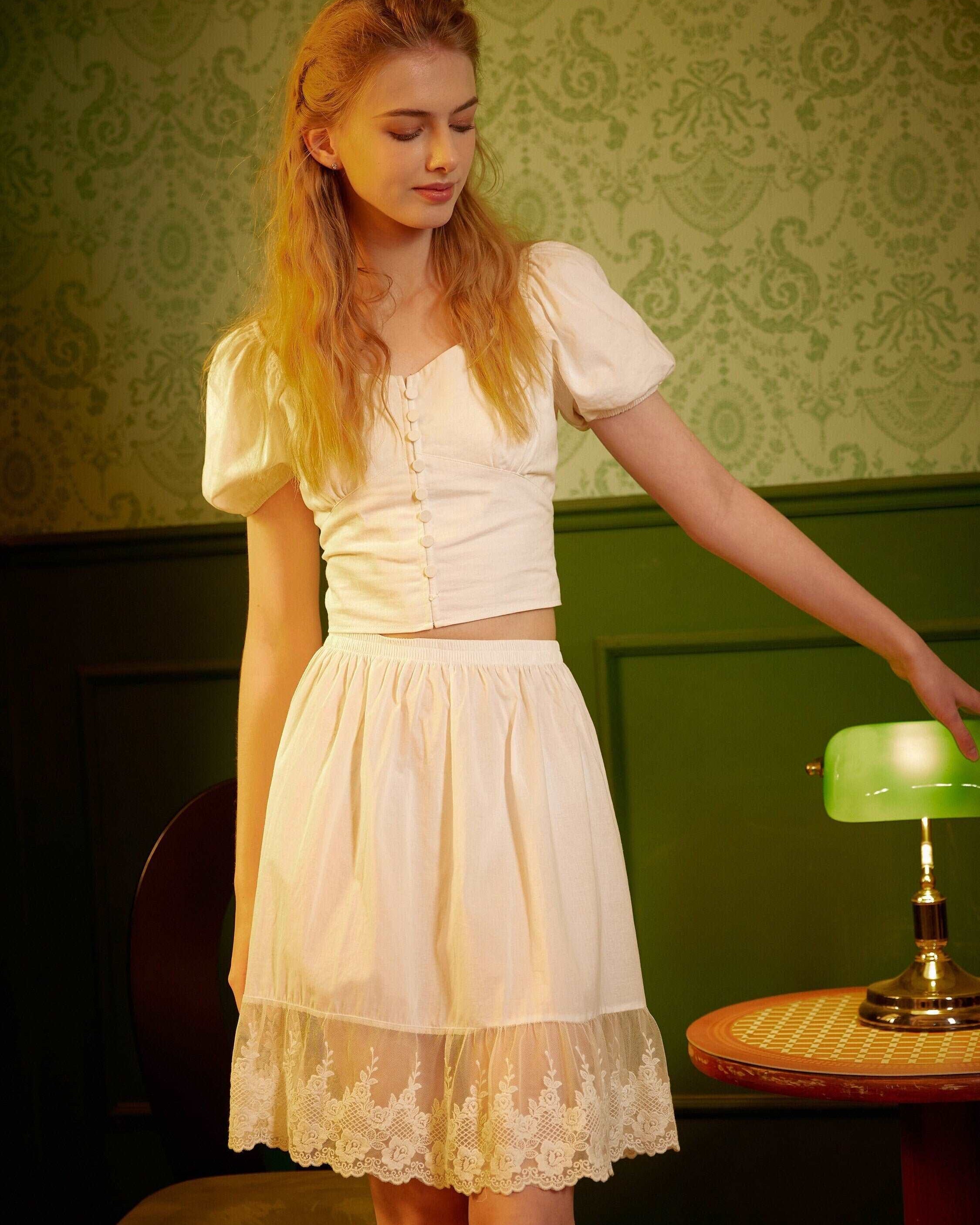 Half Slip Skirt Extender Cotton with Lace Trim Underskirt Ivory Flower Lace Slip Romantic Dress