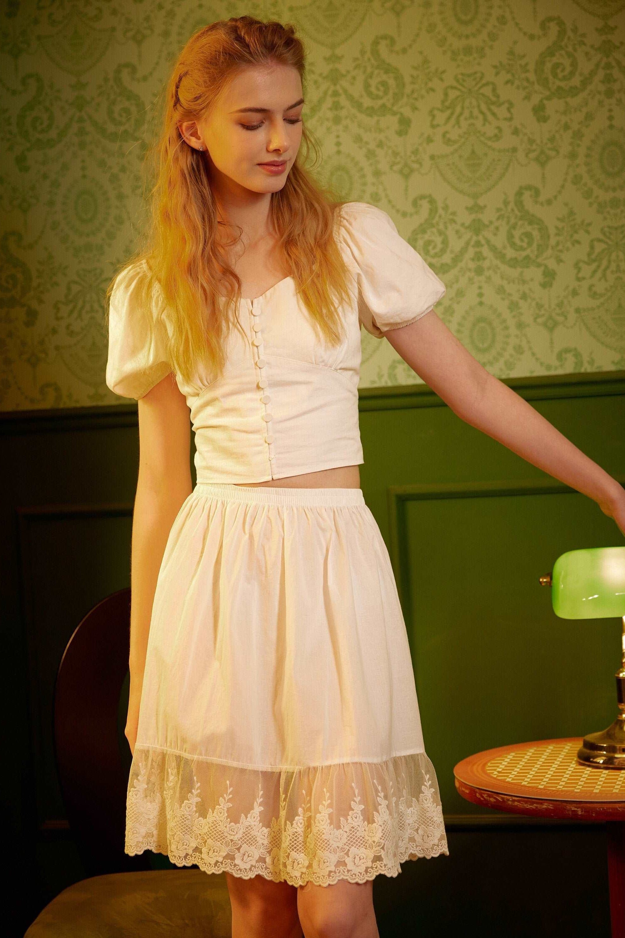 Half Slip Skirt Extender Cotton with Lace Trim Underskirt Ivory Flower Lace Slip Romantic Dress