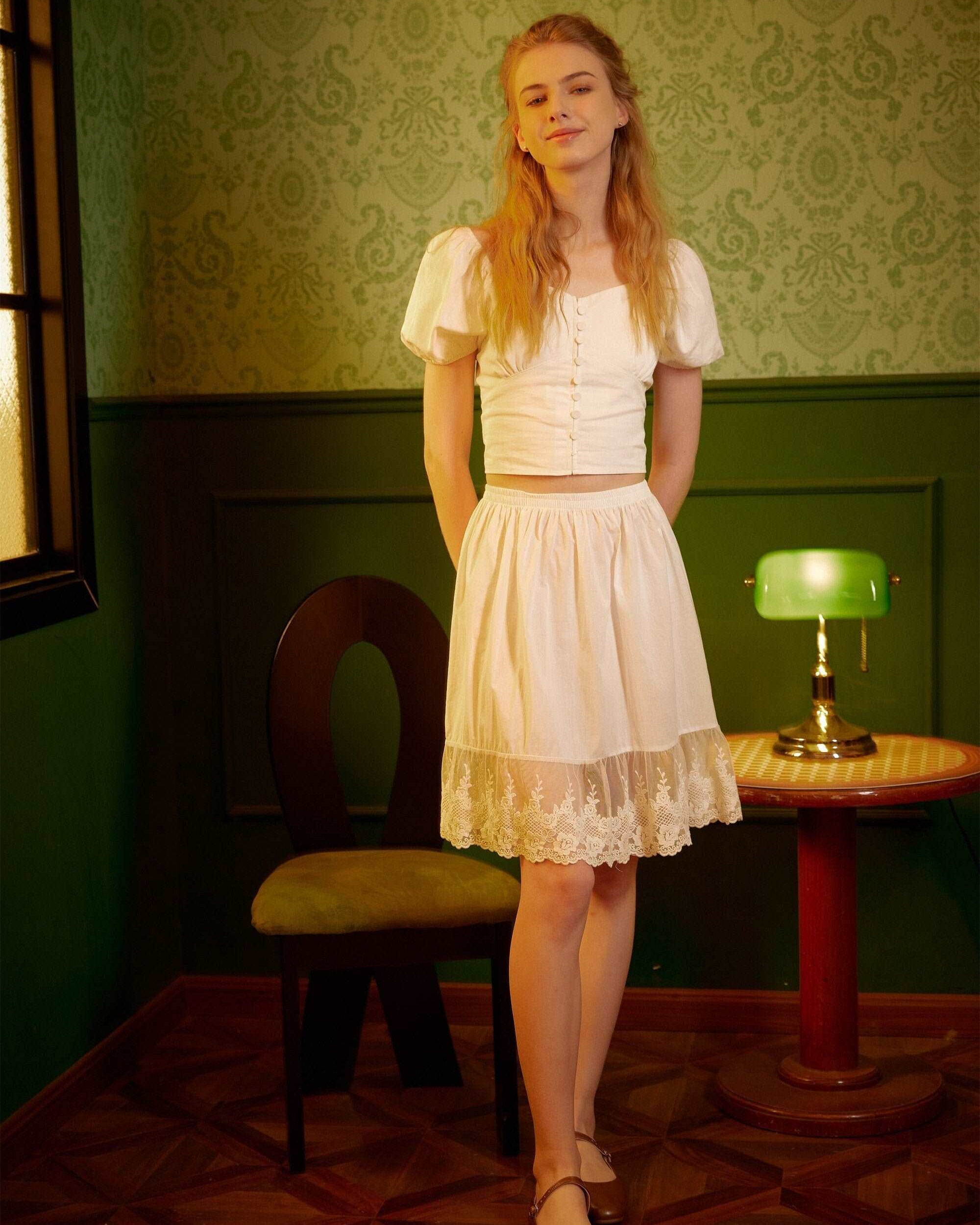 Half Slip Skirt Extender Cotton with Lace Trim Underskirt Ivory Flower Lace Slip Romantic Dress