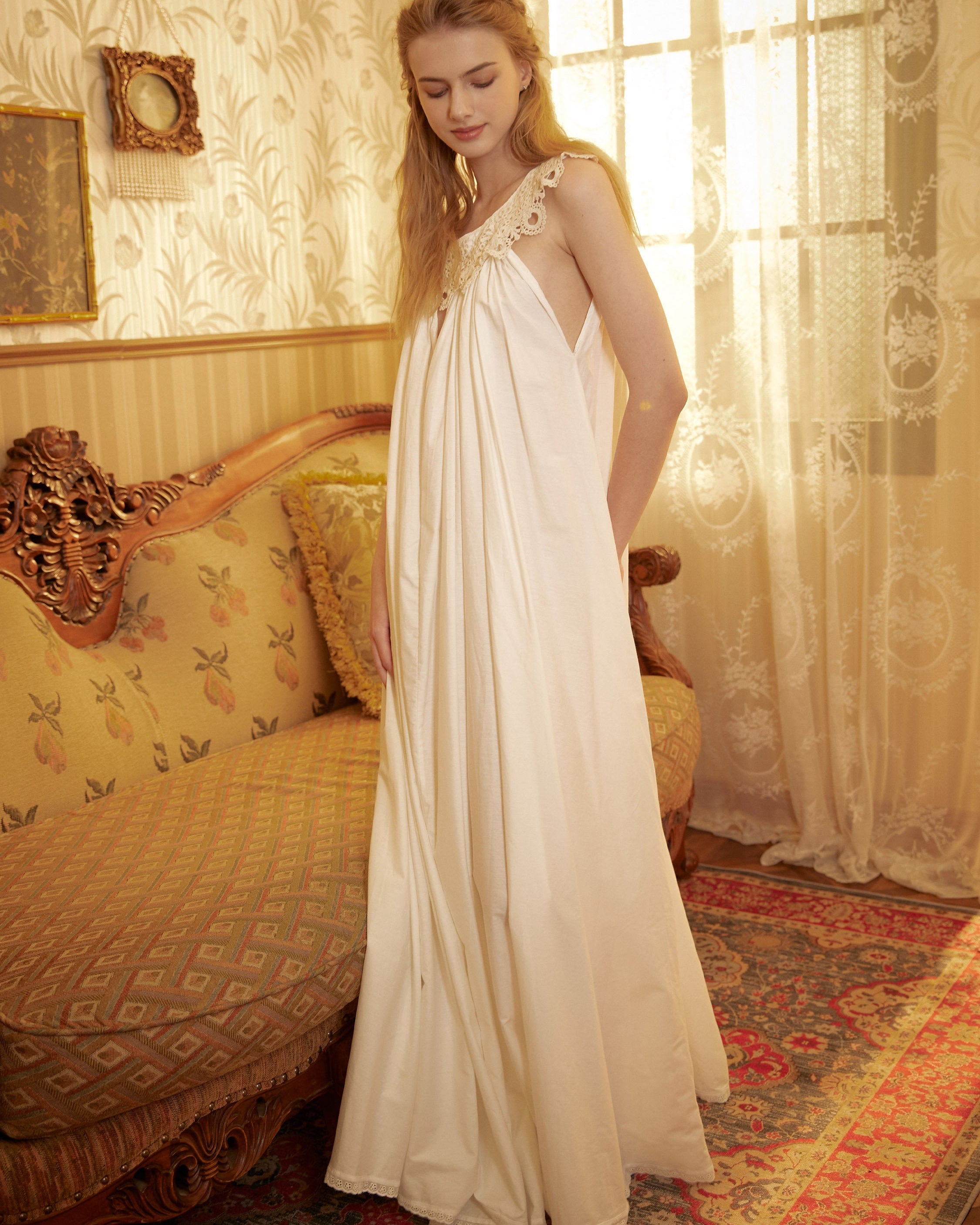 Victorian Nightgown for Women White Nightie 100% Cotton Sleeveless long Sleepwear Plus Size Nightgown