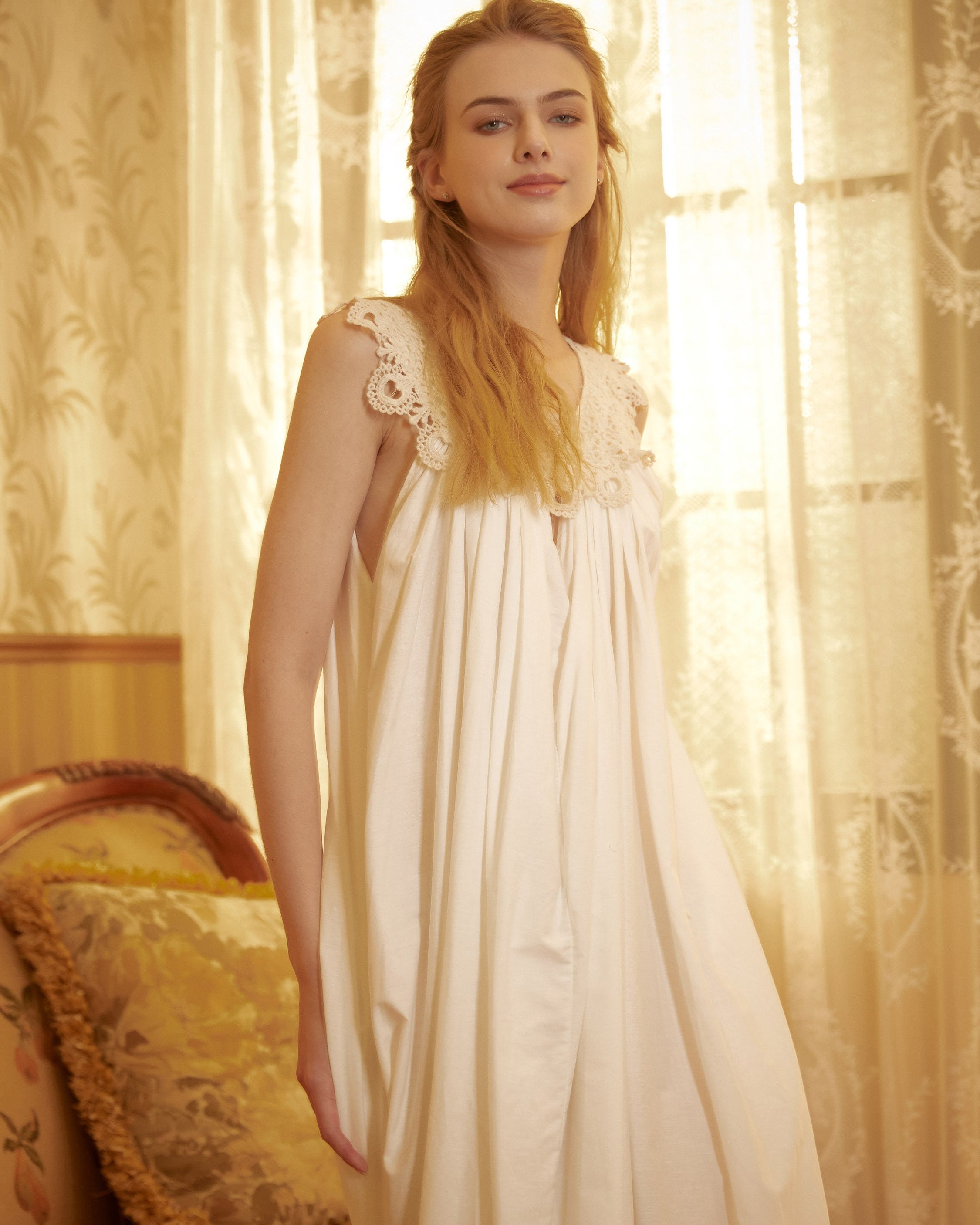 Victorian Nightgown for Women White Nightie 100% Cotton Sleeveless long Sleepwear Plus Size Nightgown