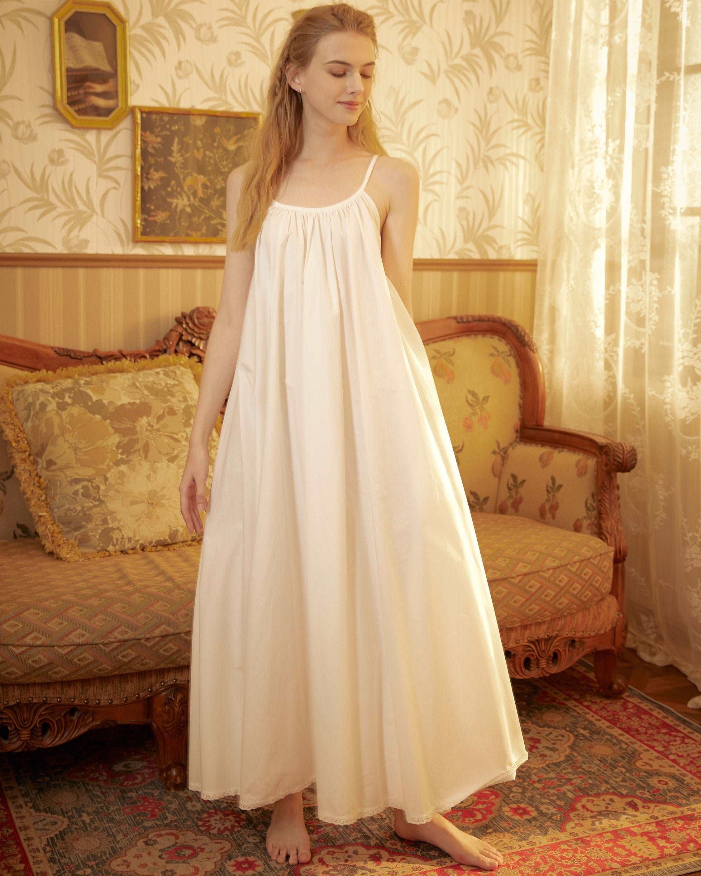 Nightgown 100% Cotton Nightgown Victorian Nightgown Women White long nightgown Honeymoon Bridal Lingerie Sleeveless nightgown