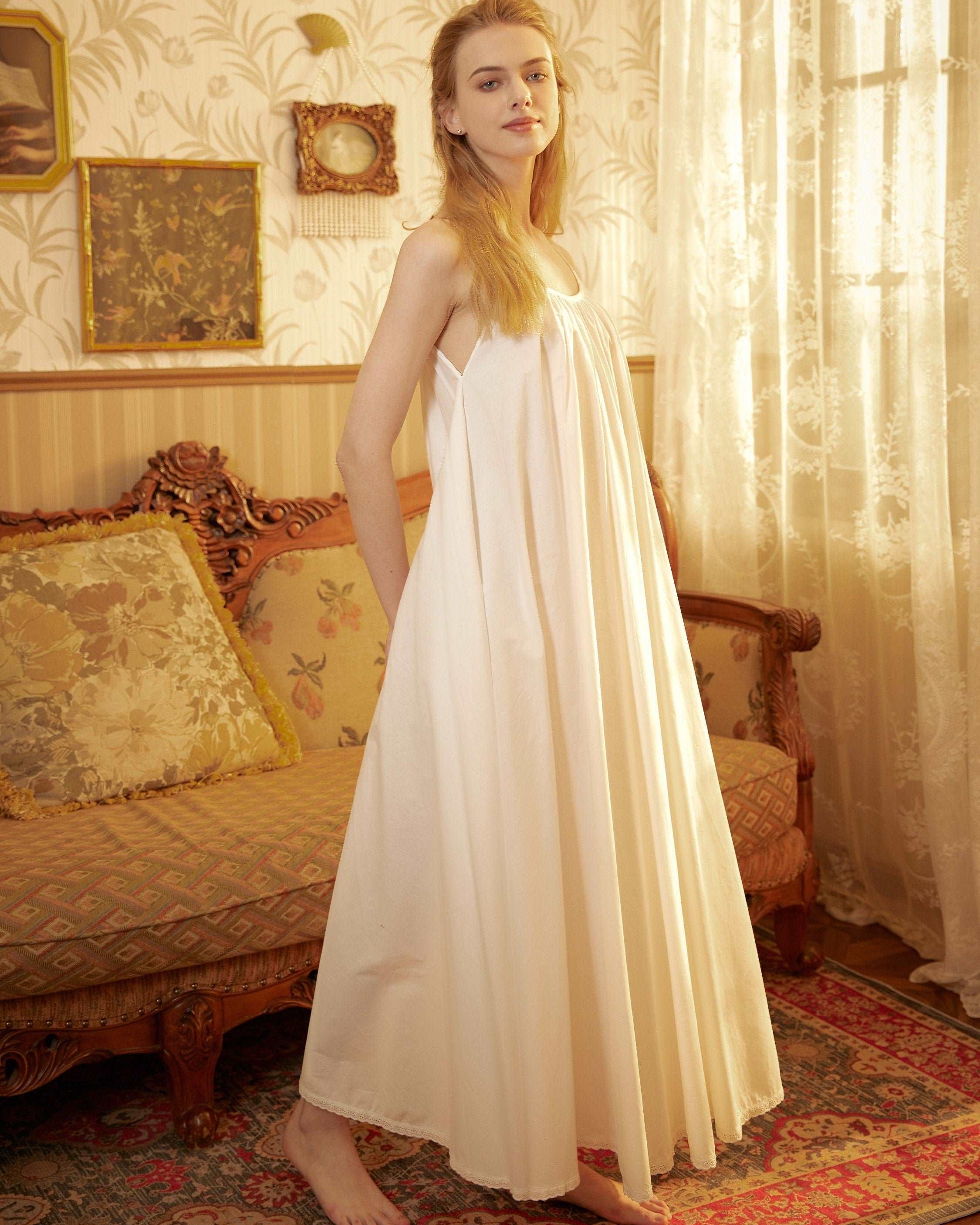 Nightgown 100% Cotton Nightgown Victorian Nightgown Women White long nightgown Honeymoon Bridal Lingerie Sleeveless nightgown