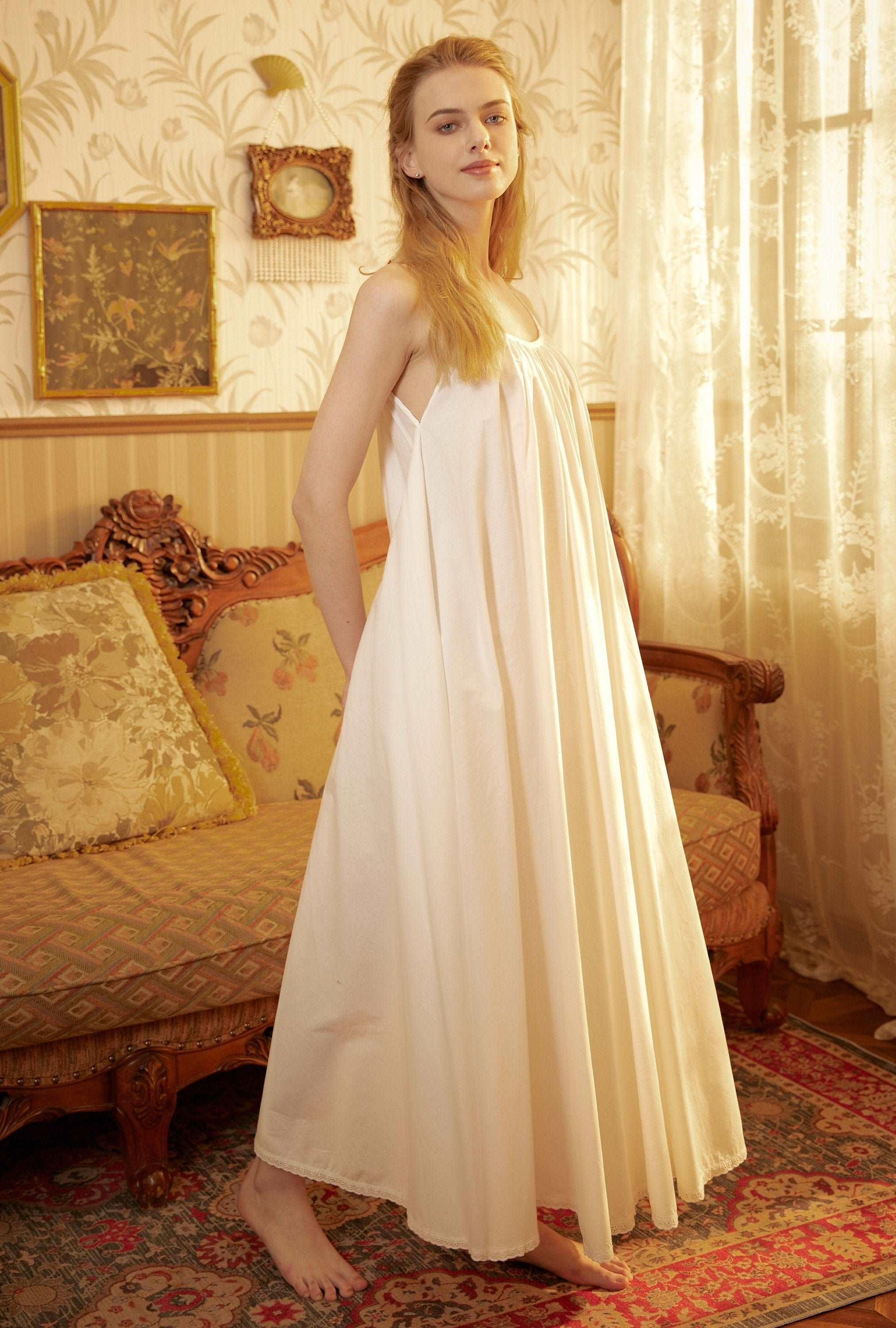 Nightgown 100% Cotton Nightgown Victorian Nightgown Women White long nightgown Honeymoon Bridal Lingerie Sleeveless nightgown