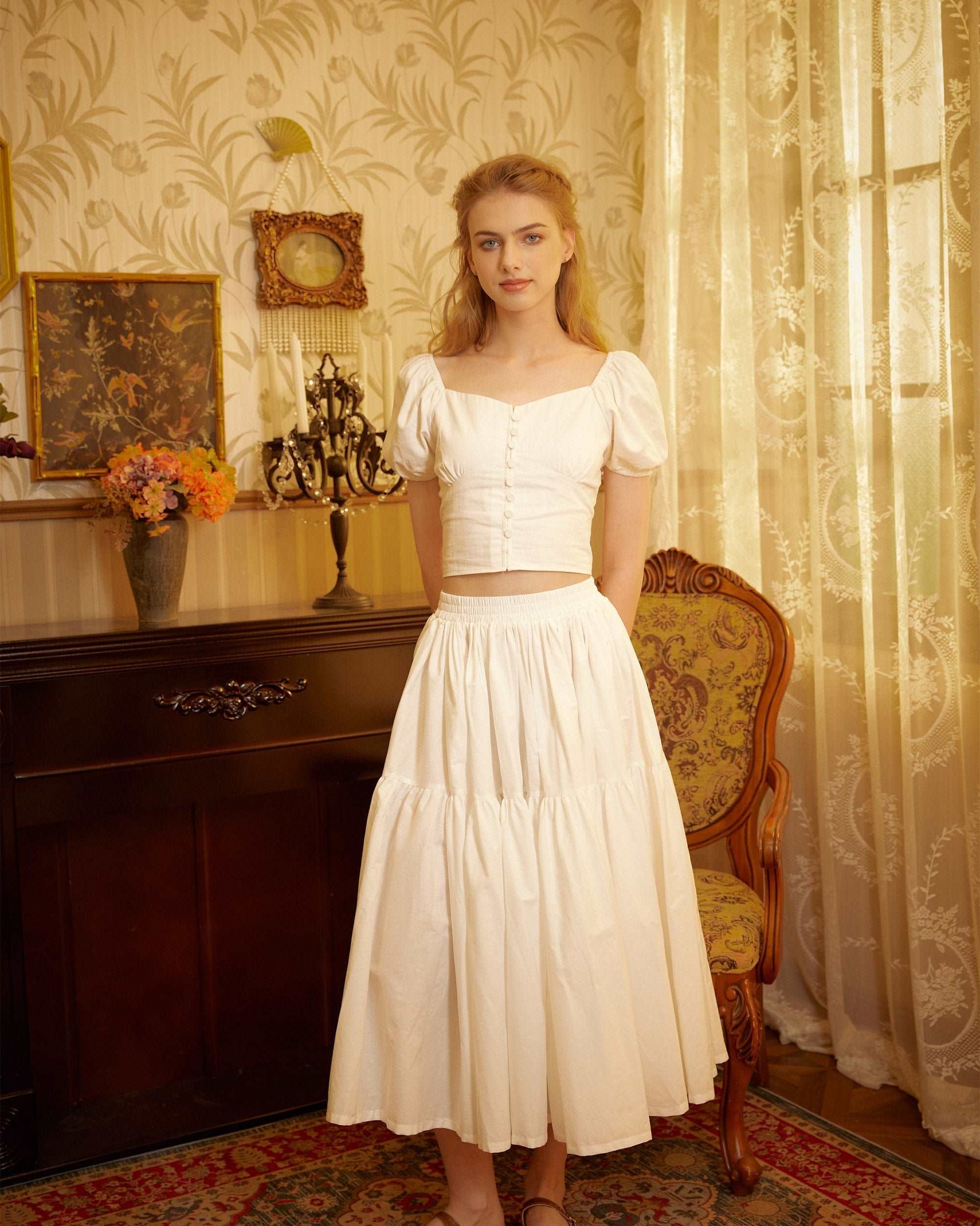 Tiered Pocket Maxi Skirt Cotton White Skirt Long Boho Pleated Skirt Flexible Waistband Versatile and Flattering, Perfect for All Seasons