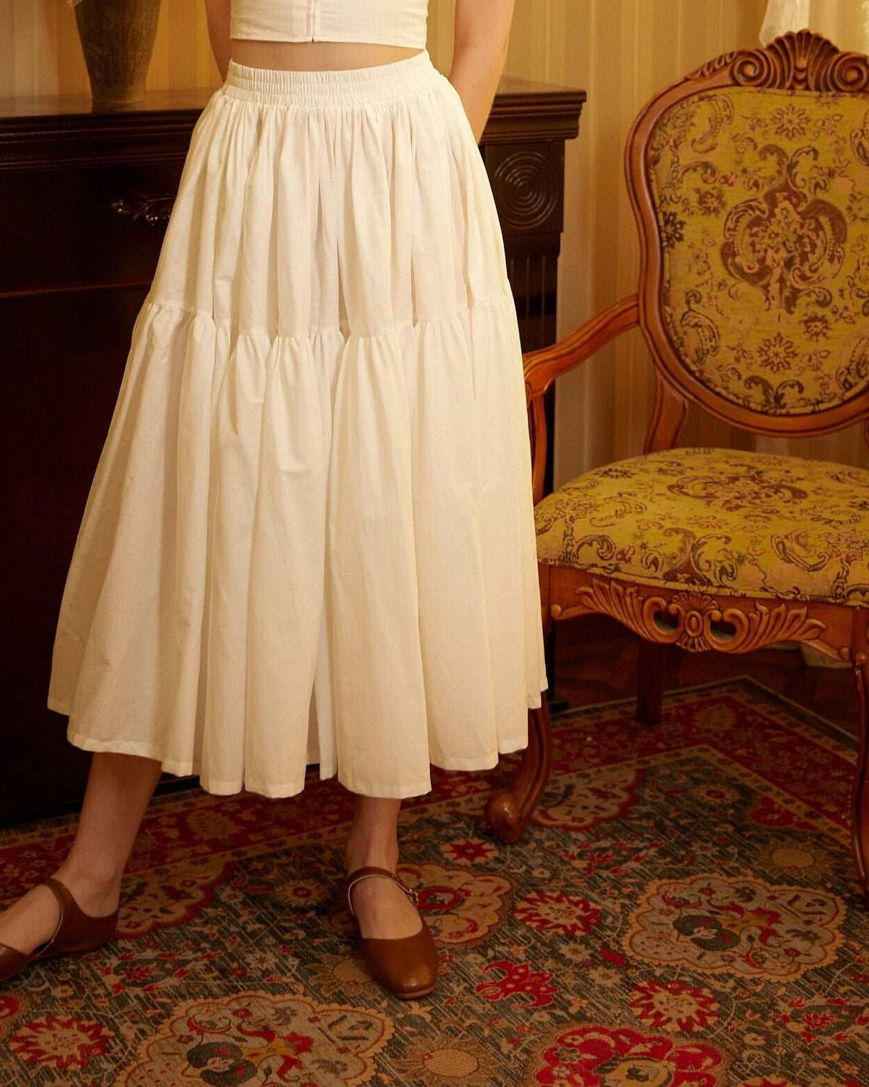 Tiered Pocket Maxi Skirt Cotton White Skirt Long Boho Pleated Skirt Flexible Waistband Versatile and Flattering, Perfect for All Seasons